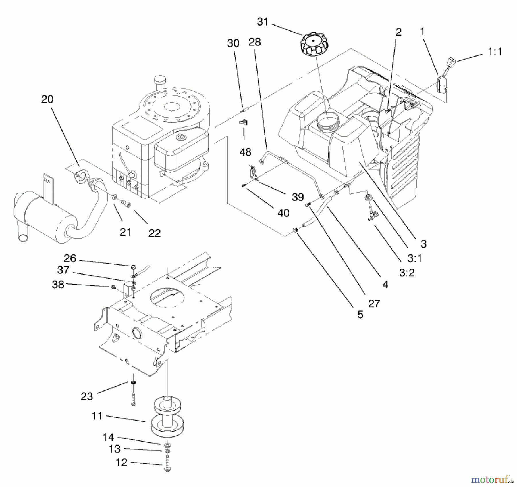  Toro Neu Mowers, Lawn & Garden Tractor Seite 1 71201 (12-32XL) - Toro 12-32XL Lawn Tractor, 1998 (8900001-8999999) GAS TANK AND ENGINE PULLEY ASSEMBLY