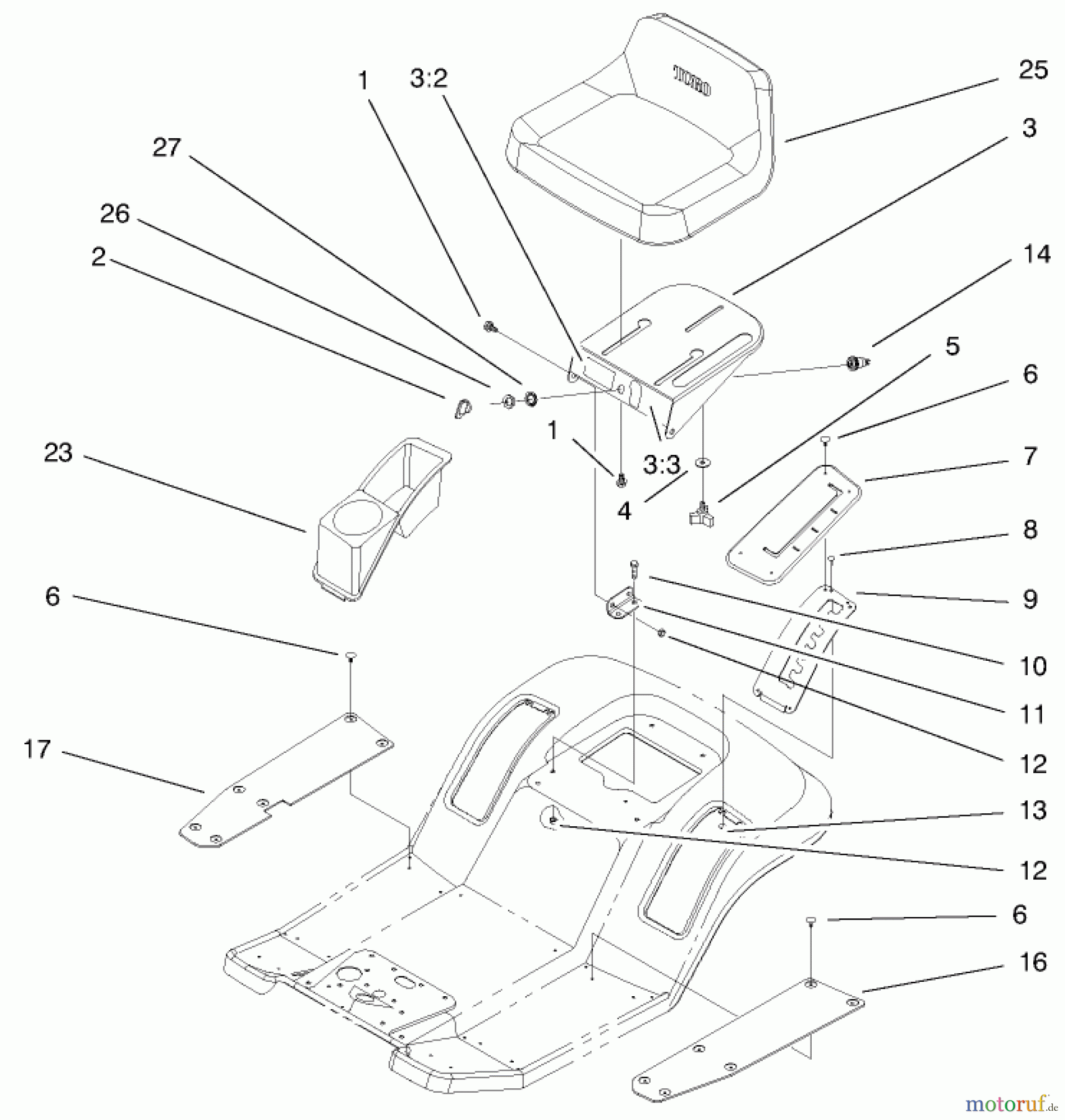  Toro Neu Mowers, Lawn & Garden Tractor Seite 1 71241 (16-38HXLE) - Toro 16-38HXLE Lawn Tractor, 2000 (200000001-200999999) REAR BODY & SEAT ASSEMBLY