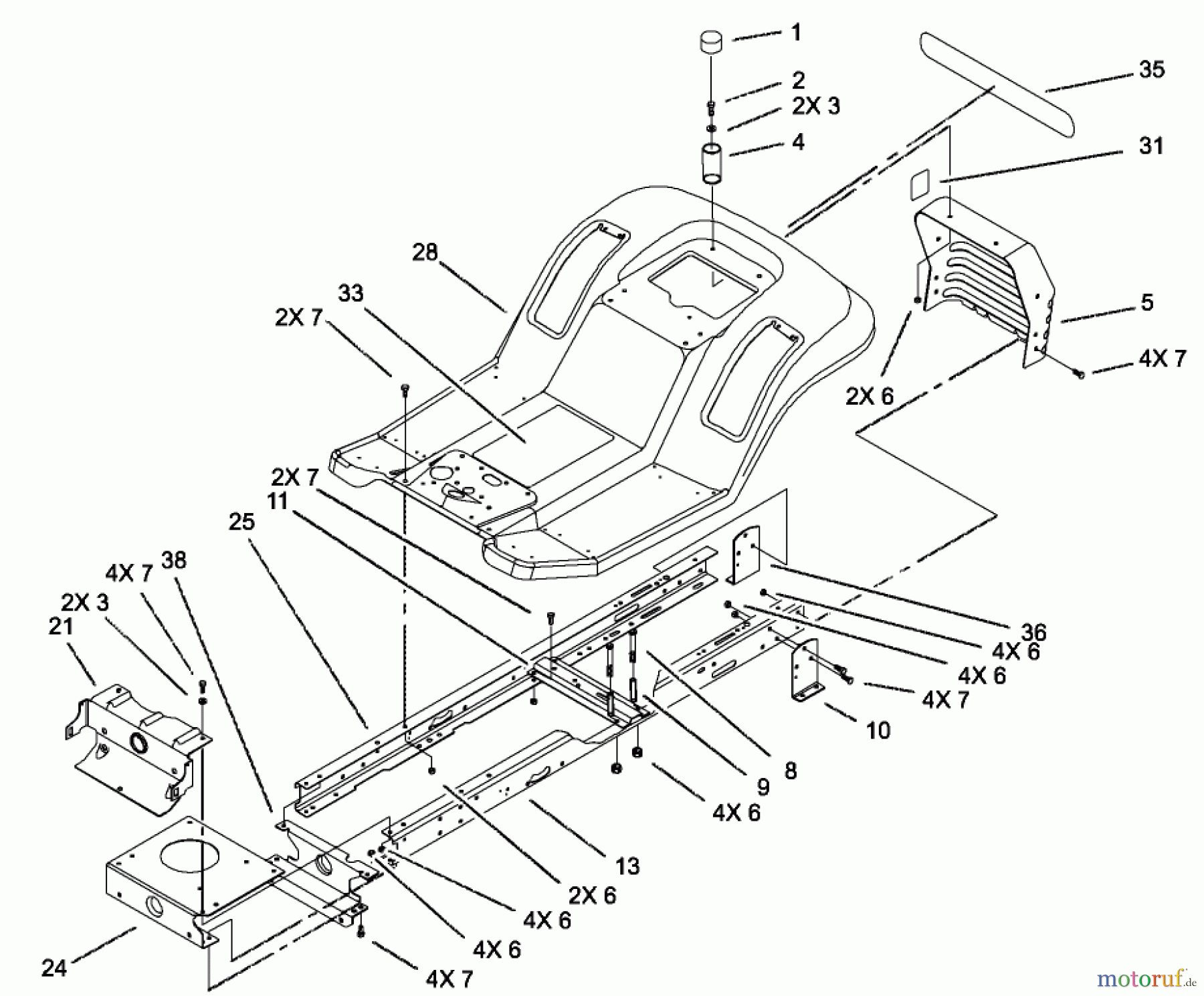  Toro Neu Mowers, Lawn & Garden Tractor Seite 1 71228 (17-44HXL) - Toro 17-44HXL Lawn Tractor, 2002 (220010001-220999999) FRAME AND BODY ASSEMBLY