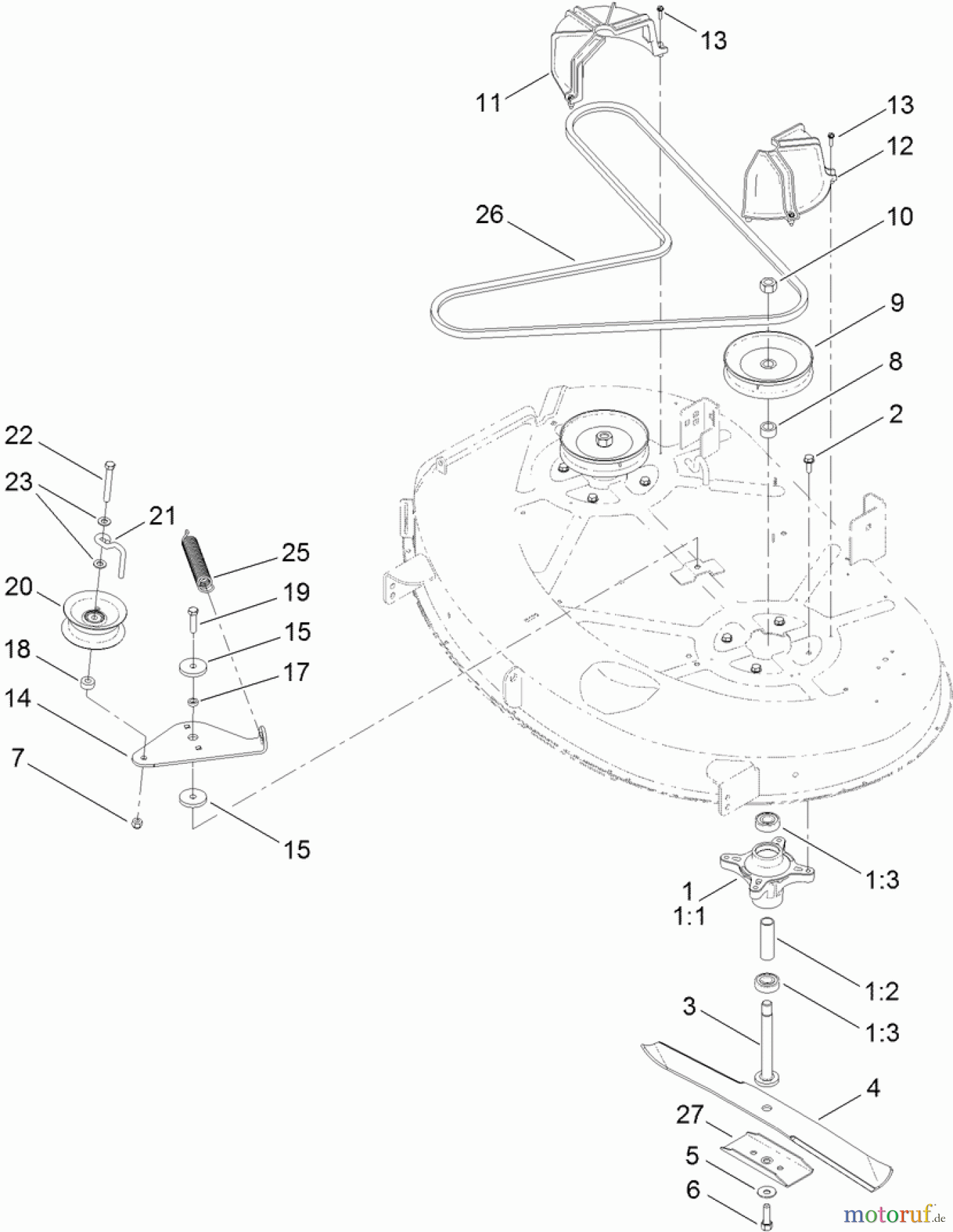  Toro Neu Mowers, Lawn & Garden Tractor Seite 1 71255 (XLS 420T) - Toro XLS 420T Lawn Tractor, 2012 (SN 312000001-312999999) 42 INCH DECK BELT AND BLADE ASSEMBLY