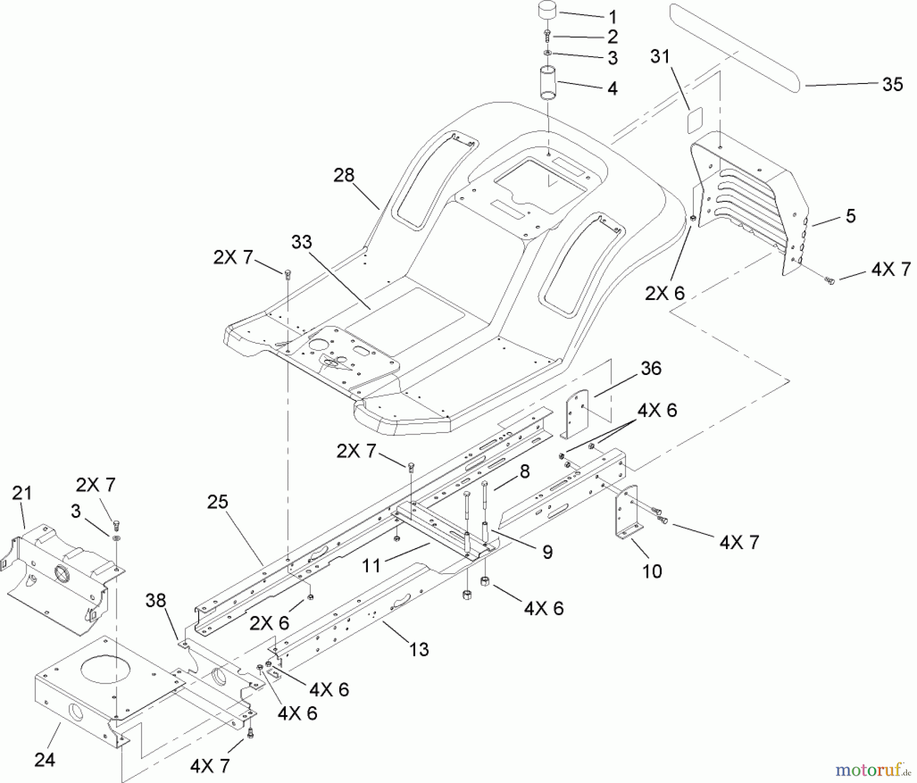  Toro Neu Mowers, Lawn & Garden Tractor Seite 1 71285 (18-44HXLE) - Toro 18-44HXLE Lawn Tractor, 2004 (240000001-240999999) FRAME AND BODY ASSEMBLY