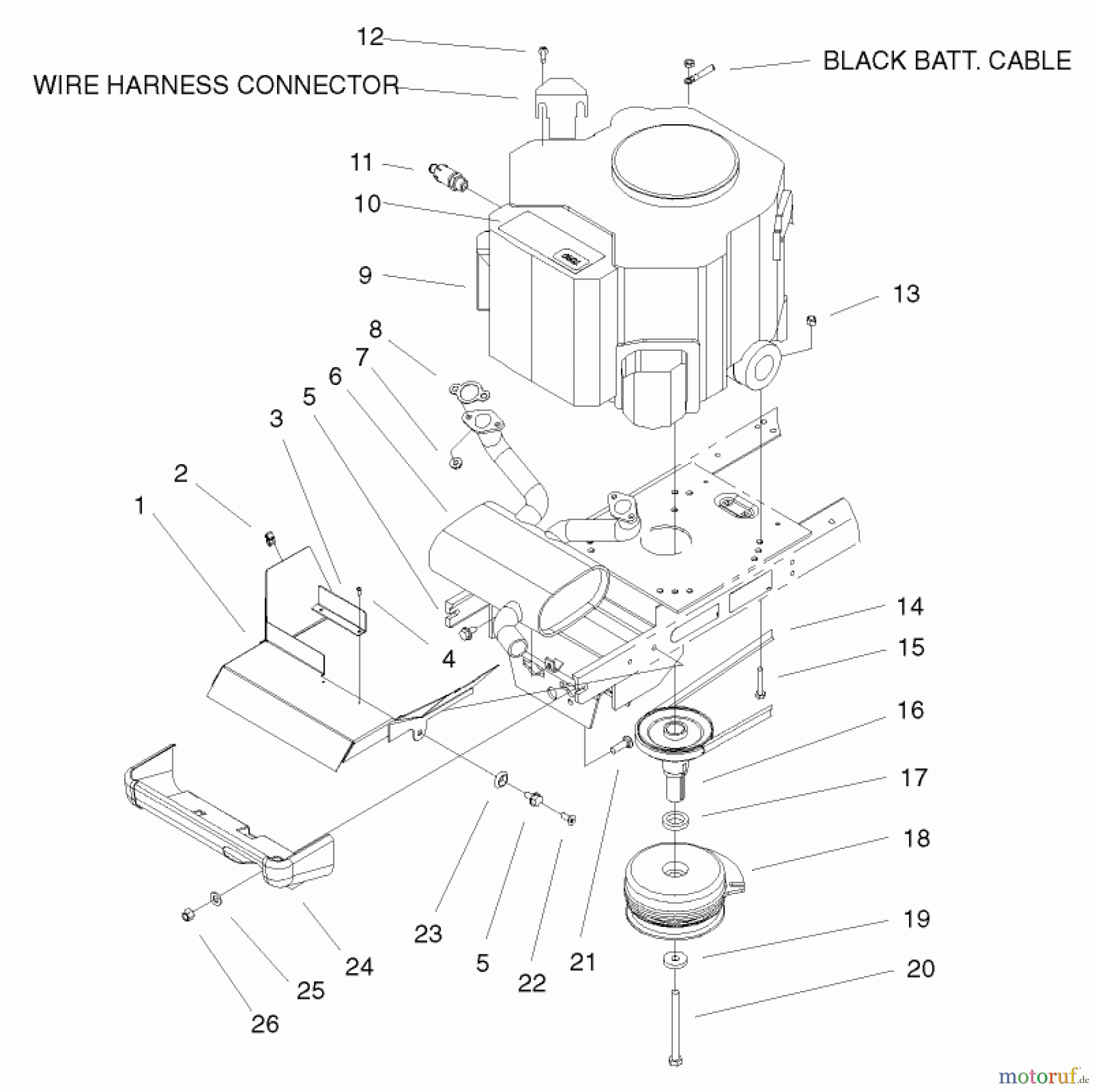  Toro Neu Mowers, Lawn & Garden Tractor Seite 1 72116 (270-HE) - Toro 270-HE Lawn and Garden Tractor, 2000 (200000001-200999999) TWIN CYLINDER ENGINE, MUFFLER & PTO ASSEMBLY