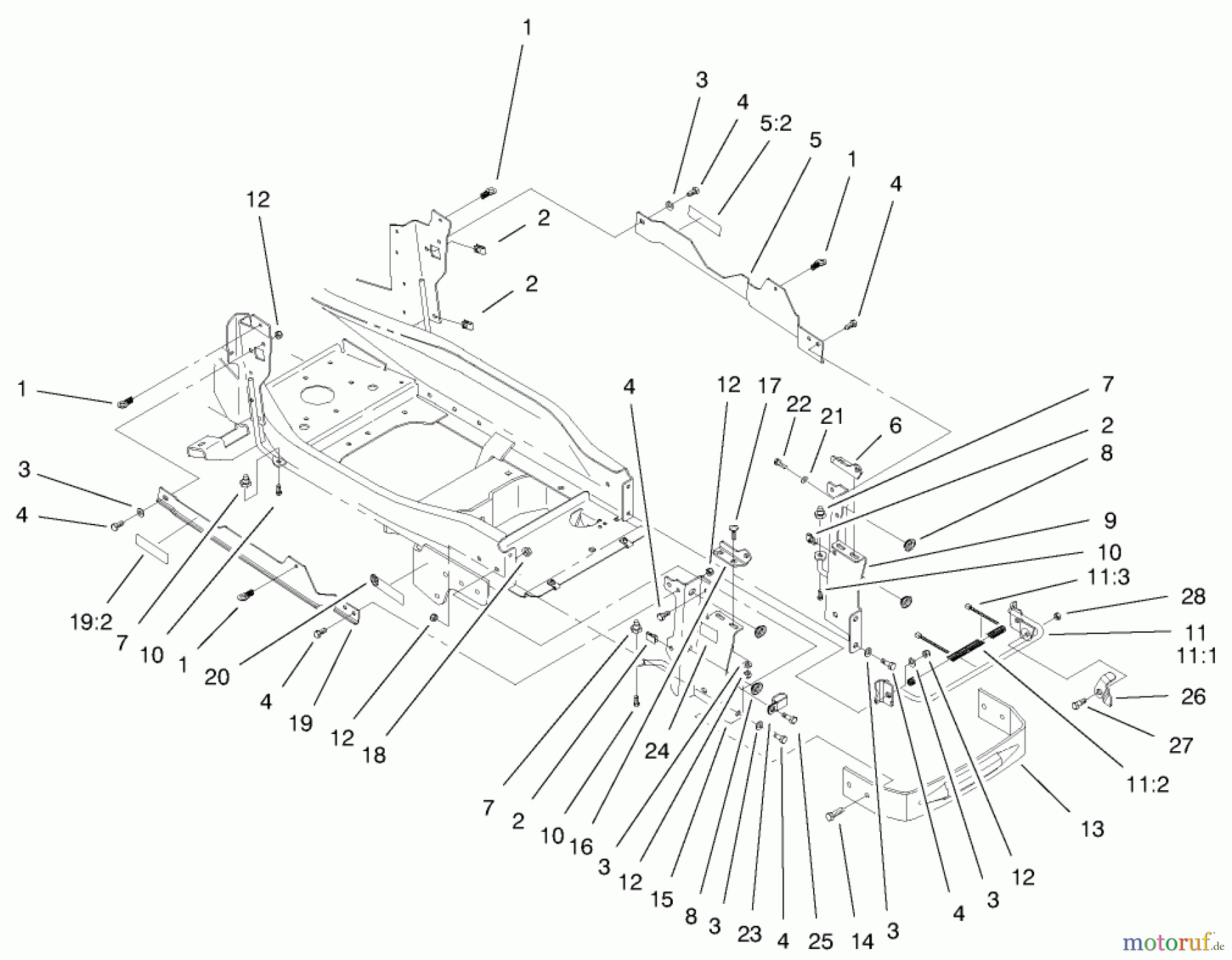  Toro Neu Mowers, Lawn & Garden Tractor Seite 1 73590 (523Dxi) - Toro 523Dxi Garden Tractor, 1999 (9900001-9999999) BUMPER & HOOD SUPPORT ASSEMBLY