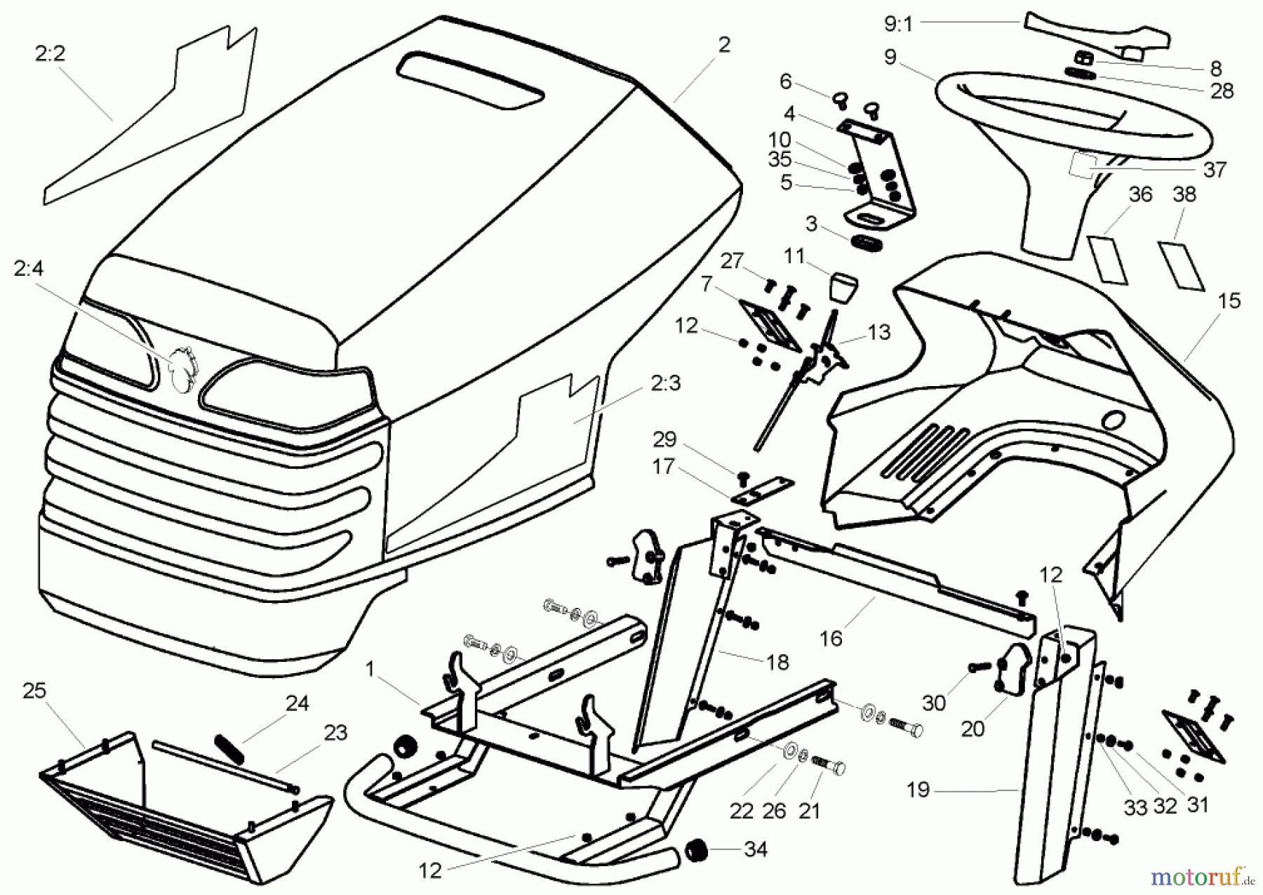  Toro Neu Mowers, Lawn & Garden Tractor Seite 1 74571 (150-DH) - Toro 150-DH Lawn Tractor, 2004 (240000001-240999999) BODY AND HOOD ASSEMBLY