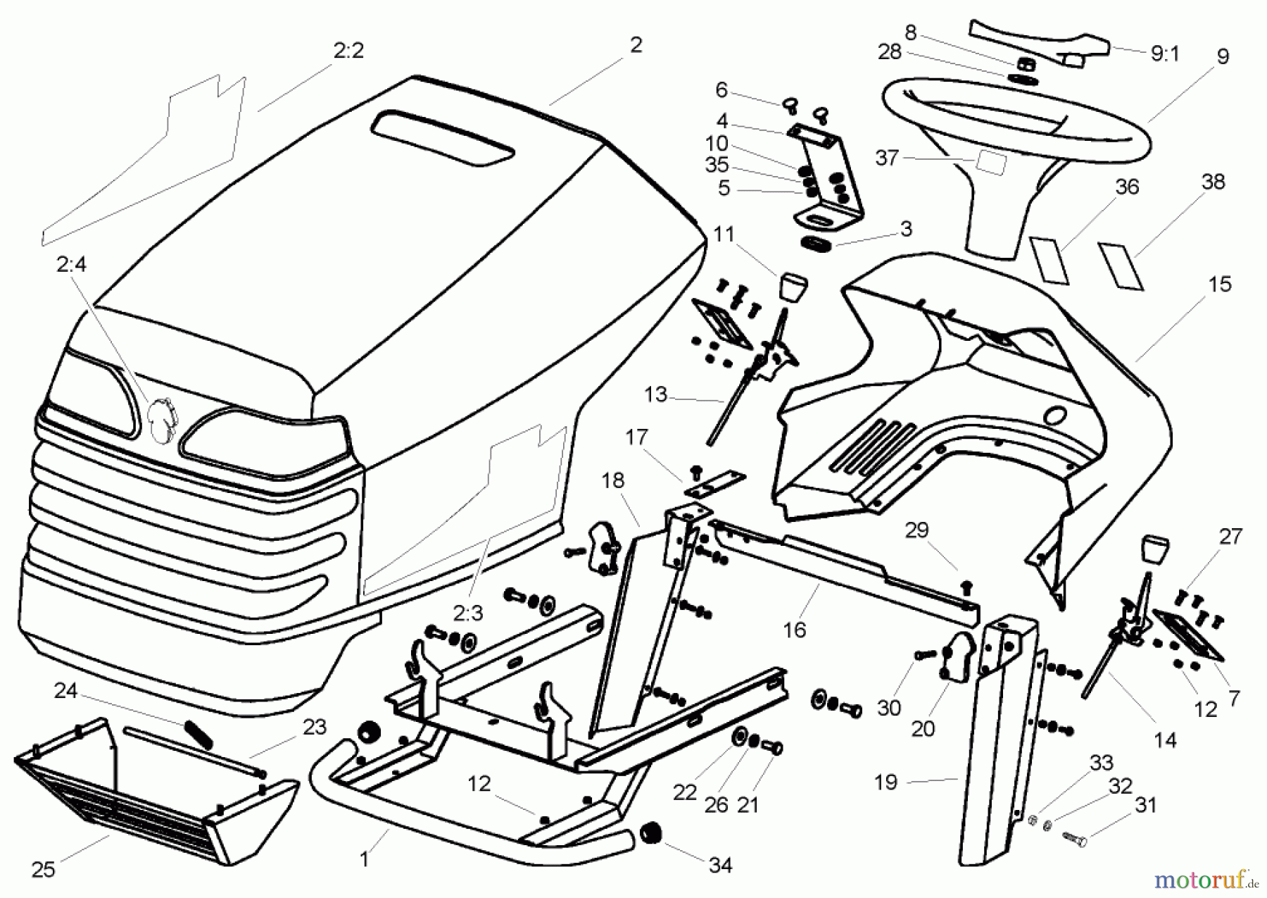  Toro Neu Mowers, Lawn & Garden Tractor Seite 1 74590 (190-DH) - Toro 190-DH Lawn Tractor, 2004 (240000001-240999999) BODY AND HOOD ASSEMBLY