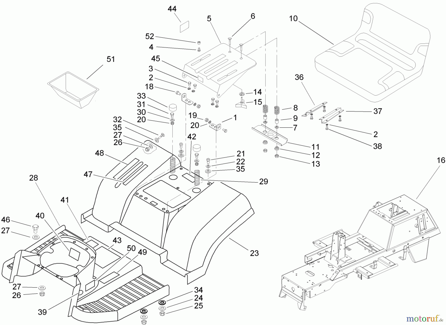  Toro Neu Mowers, Lawn & Garden Tractor Seite 1 74591 (DH 220) - Toro DH 220 Lawn Tractor, 2006 (260000001-260999999) FRAME AND SEAT ASSEMBLY