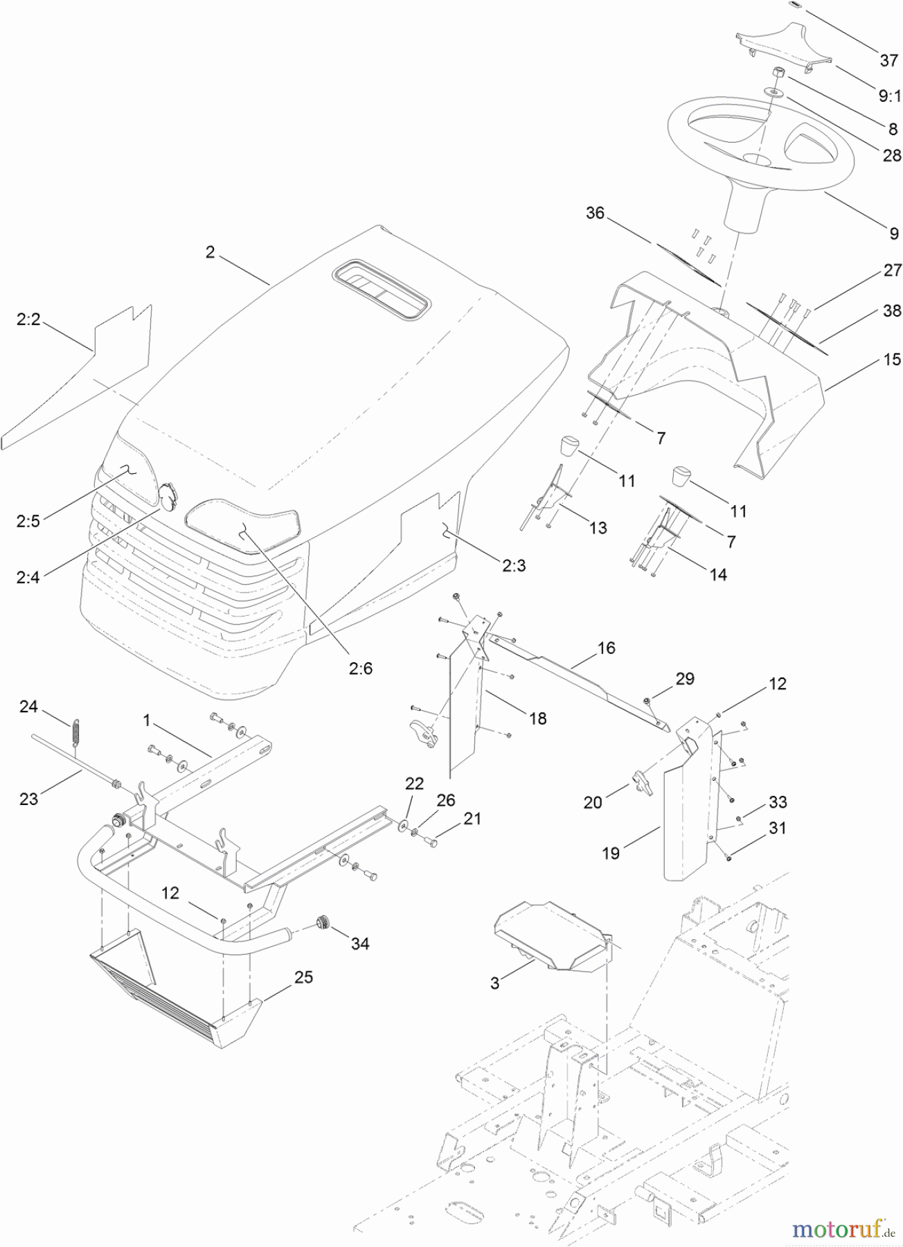  Toro Neu Mowers, Lawn & Garden Tractor Seite 1 74593 (DH 220) - Toro DH 220 Lawn Tractor, 2011 (311000001-311000400) BODY AND HOOD ASSEMBLY