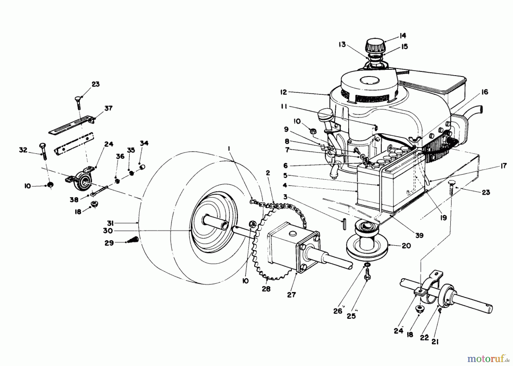  Toro Neu Mowers, Rear-Engine Rider 56125 (7-25) - Toro 7-25 Rear Engine Rider, 1987 (7000001-7999999) ENGINE AND AXLE ASSEMBLY