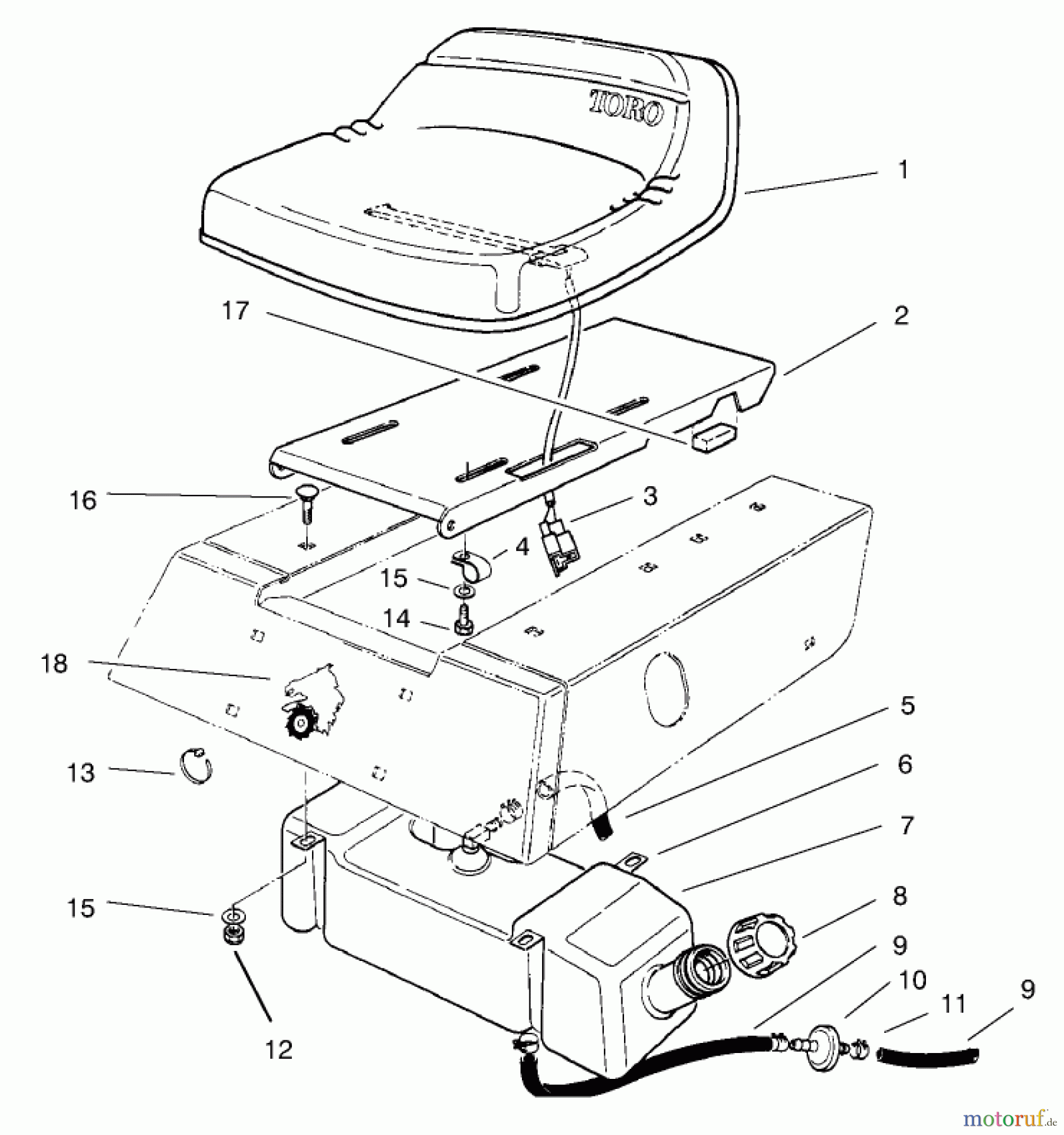  Toro Neu Mowers, Rear-Engine Rider 70041 (8-25) - Toro 8-25 Rear Engine Rider, 1998 (8900001-8999999) SEAT & GAS TANK ASSEMBLY