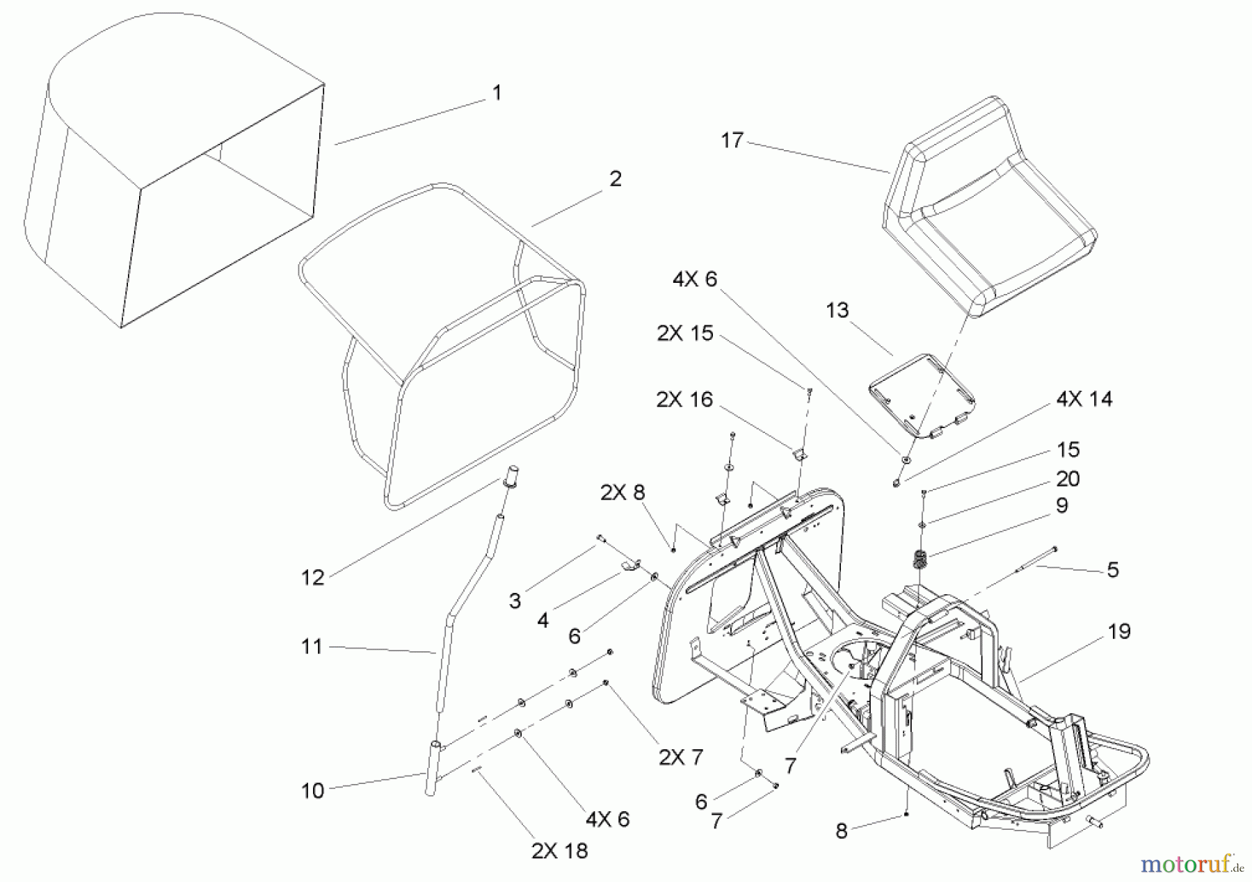  Toro Neu Mowers, Rear-Engine Rider 70185 (13-32G) - Toro 13-32G Rear-Engine Riding Mower, 2004 (240000001-240999999) SEAT AND REAR BAG ASSEMBLY