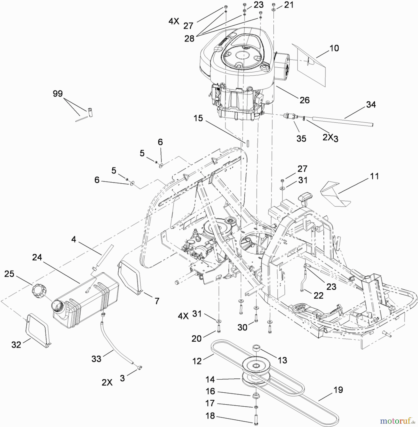  Toro Neu Mowers, Rear-Engine Rider 70186 (H132) - Toro H132 Rear-Engine Riding Mower, 2010 (310000001-310999999) ENGINE AND FUEL TANK ASSEMBLY