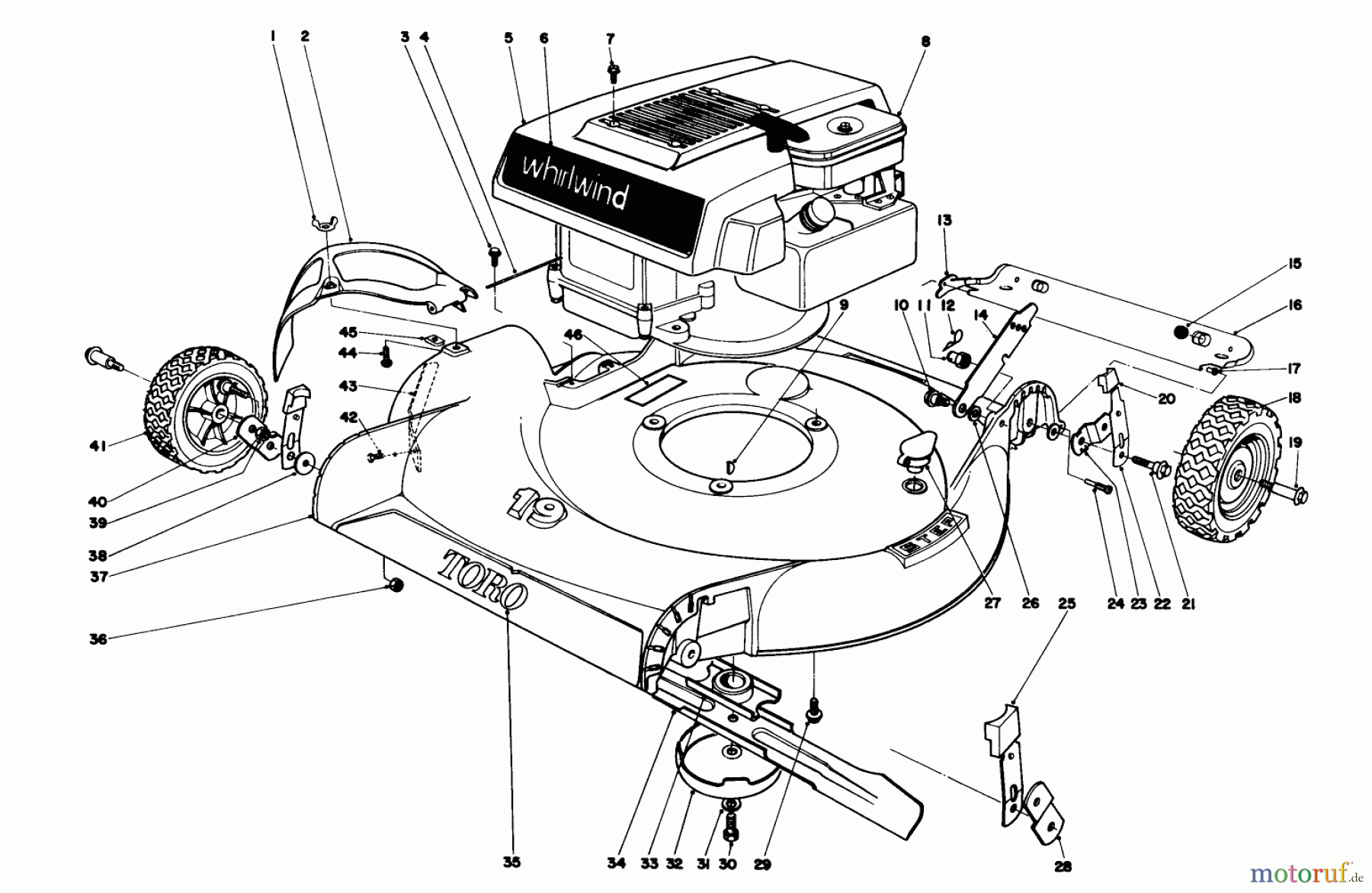  Toro Neu Mowers, Walk-Behind Seite 1 16273 - Toro Whirlwind Lawnmower, 1975 (5000001-5999999) HOUSING & ENGINE ASSEMBLY-MODELS 16073 & 16173