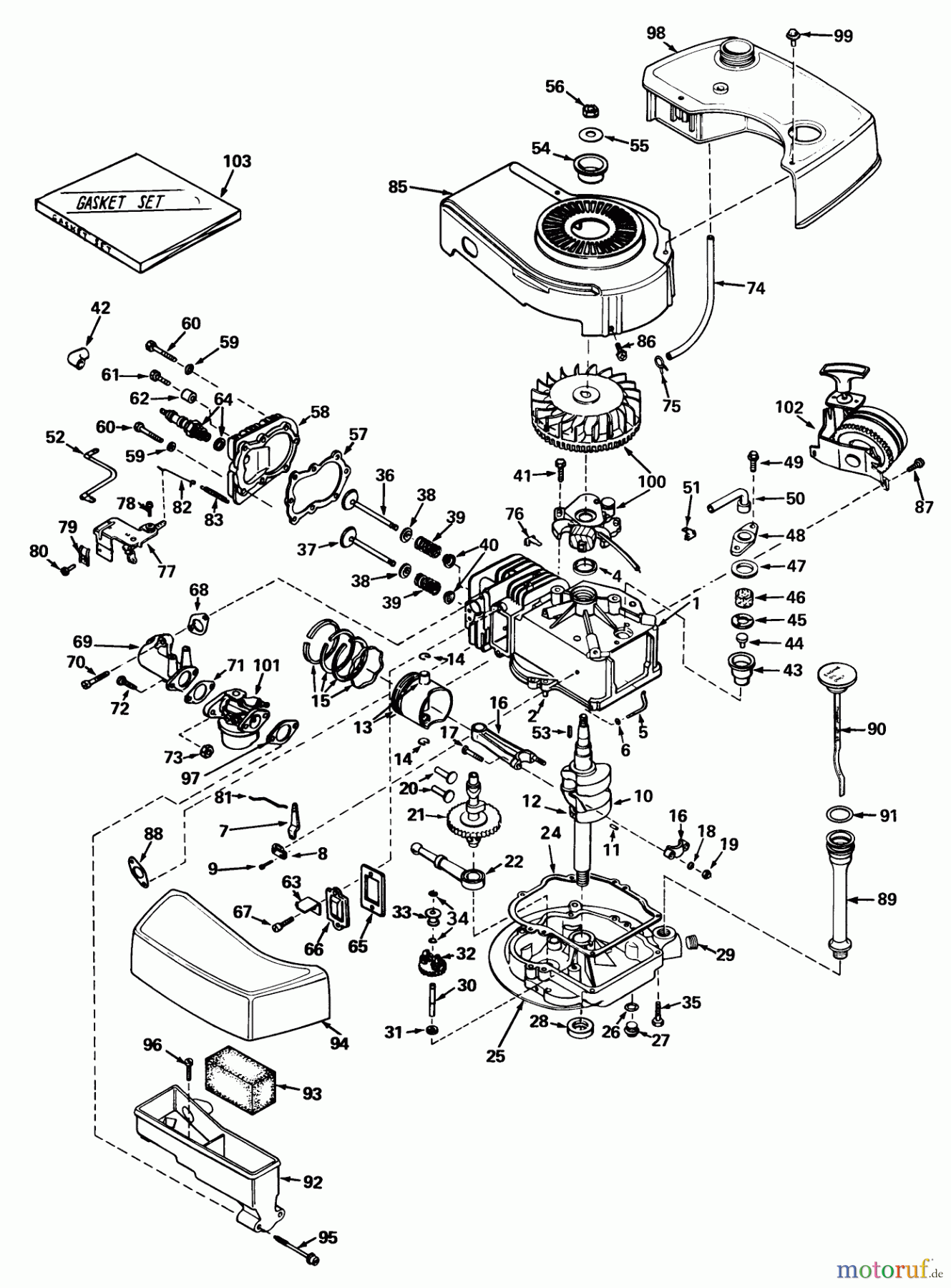  Toro Neu Mowers, Walk-Behind Seite 1 19400 - Toro Guardian Lawnmower, 1974 (4000001-4999999) ENGINE TECUMSEH MODEL TNT100-10042