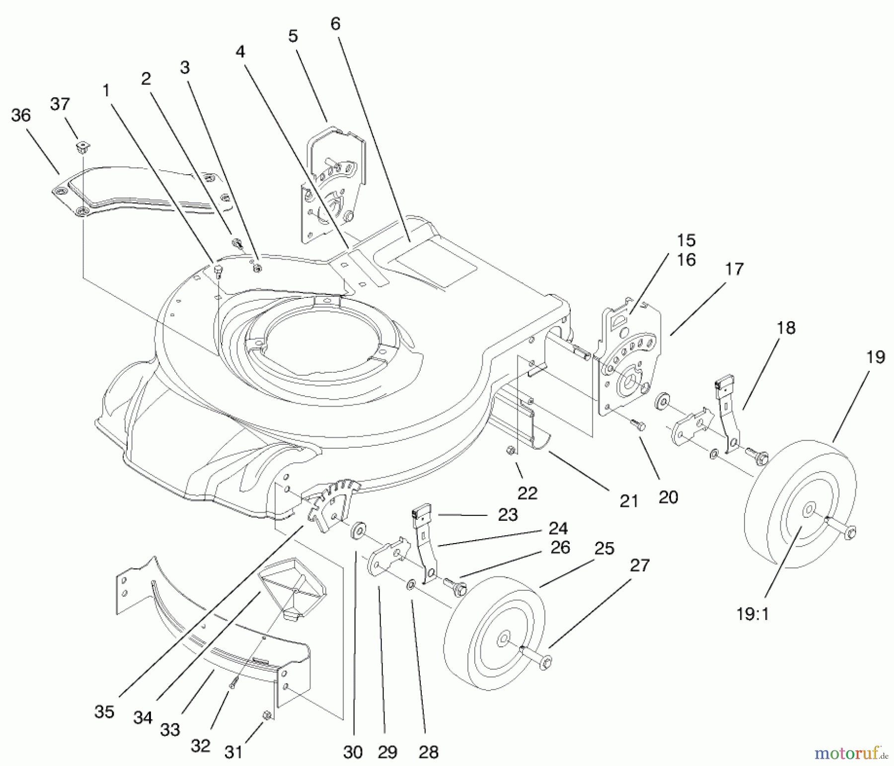  Toro Neu Mowers, Walk-Behind Seite 1 20010 (R-21P) - Toro Recycler Mower, R-21P, 2000 (200000001-200999999) HOUSING, HANDLE BRACKETS, & WHEEL ASSEMBLY