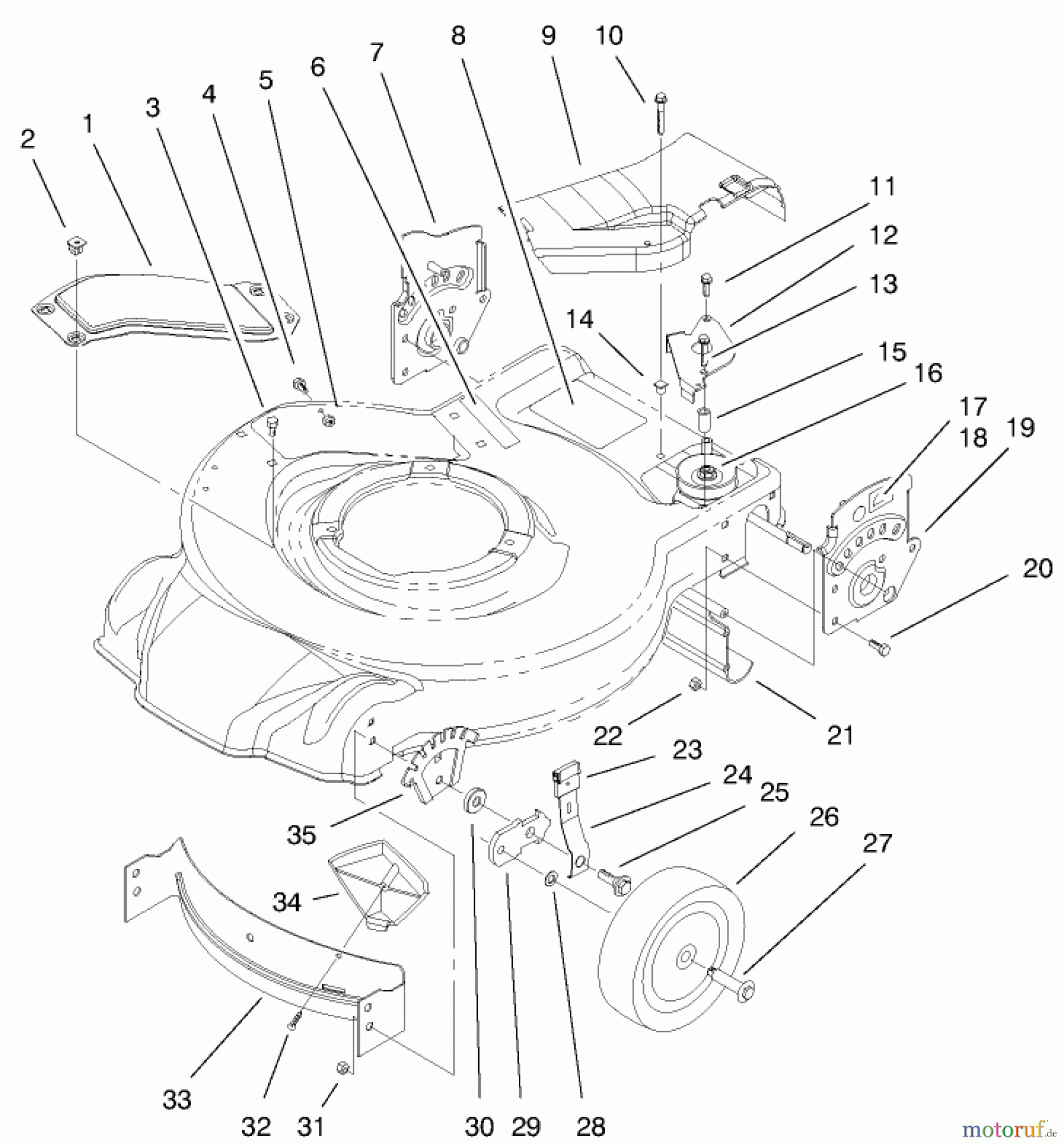  Toro Neu Mowers, Walk-Behind Seite 1 20025 - Toro Recycler Mower, 2000 (200000001-200999999) HOUSING, HANDLE BRACKETS & WHEEL ASSEMBLY