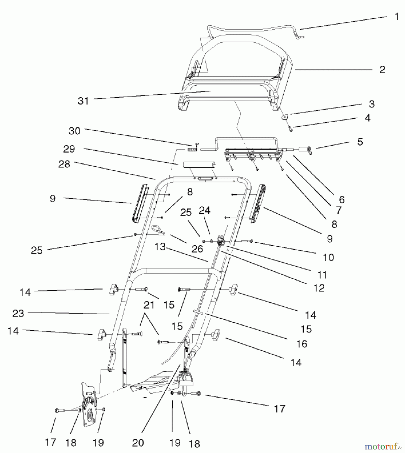  Toro Neu Mowers, Walk-Behind Seite 1 20027 (R-21OSB) - Toro Recycler Mower, R-21OSB, 1999 (9900001-9999999) HANDLE & CONTROLS ASSEMBLY