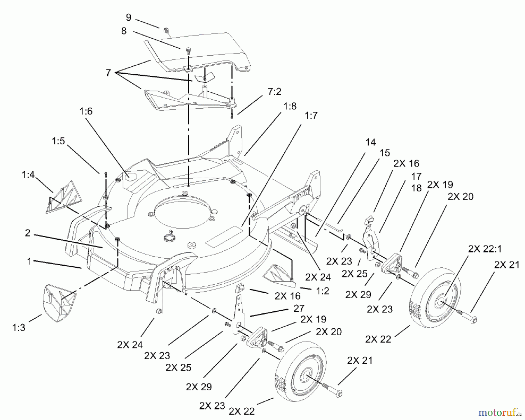  Toro Neu Mowers, Walk-Behind Seite 1 20033 - Toro Super Recycler Mower, 2004 (240000001-240999999) HOUSING, HANDLE BRACKET AND WHEEL ASSEMBLY