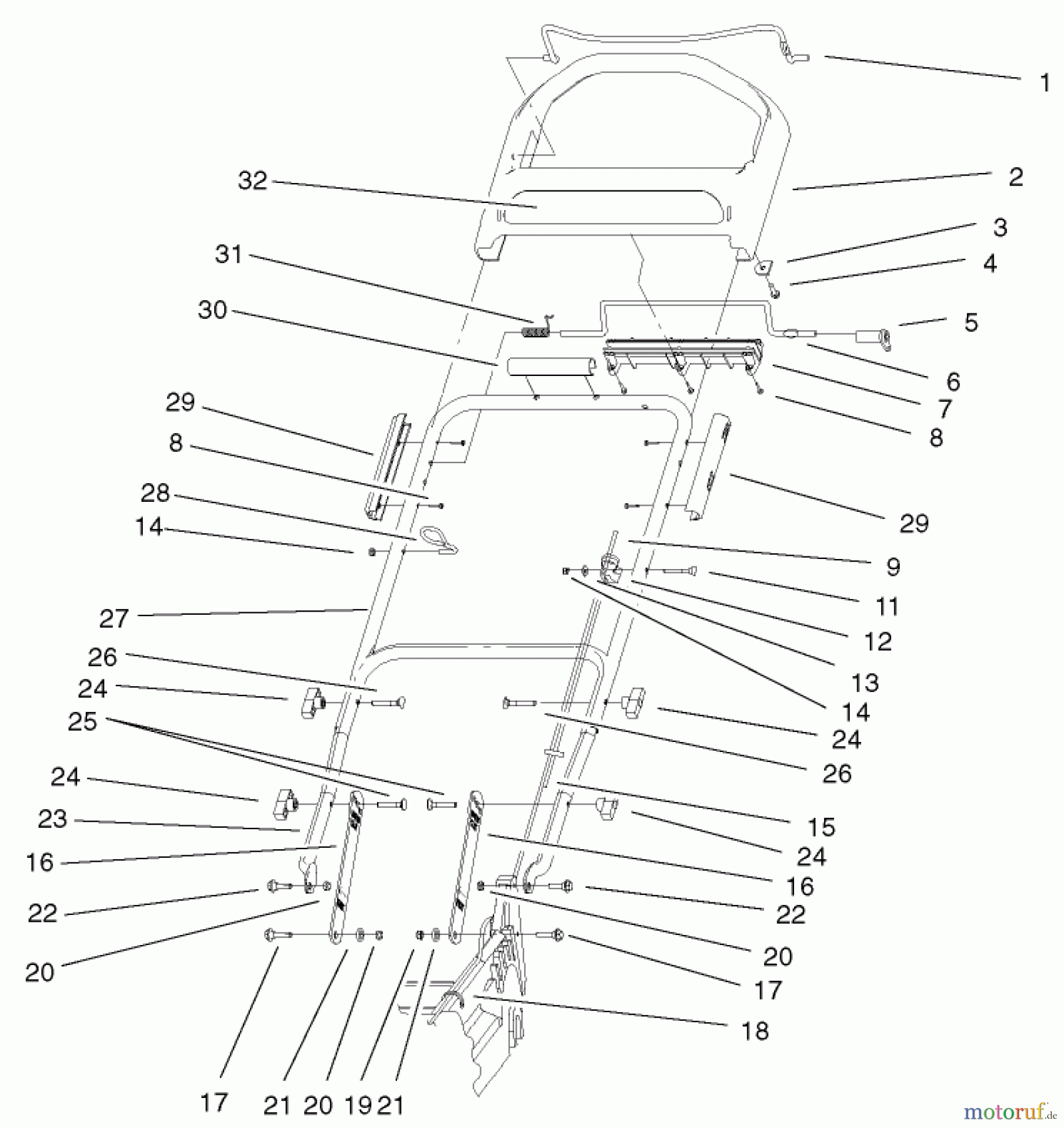  Toro Neu Mowers, Walk-Behind Seite 1 20042 (SR-21S) - Toro Super Recycler Mower, SR-21S, 2001 (210000001-210999999) HANDLE AND CONTROLS ASSEMBLY