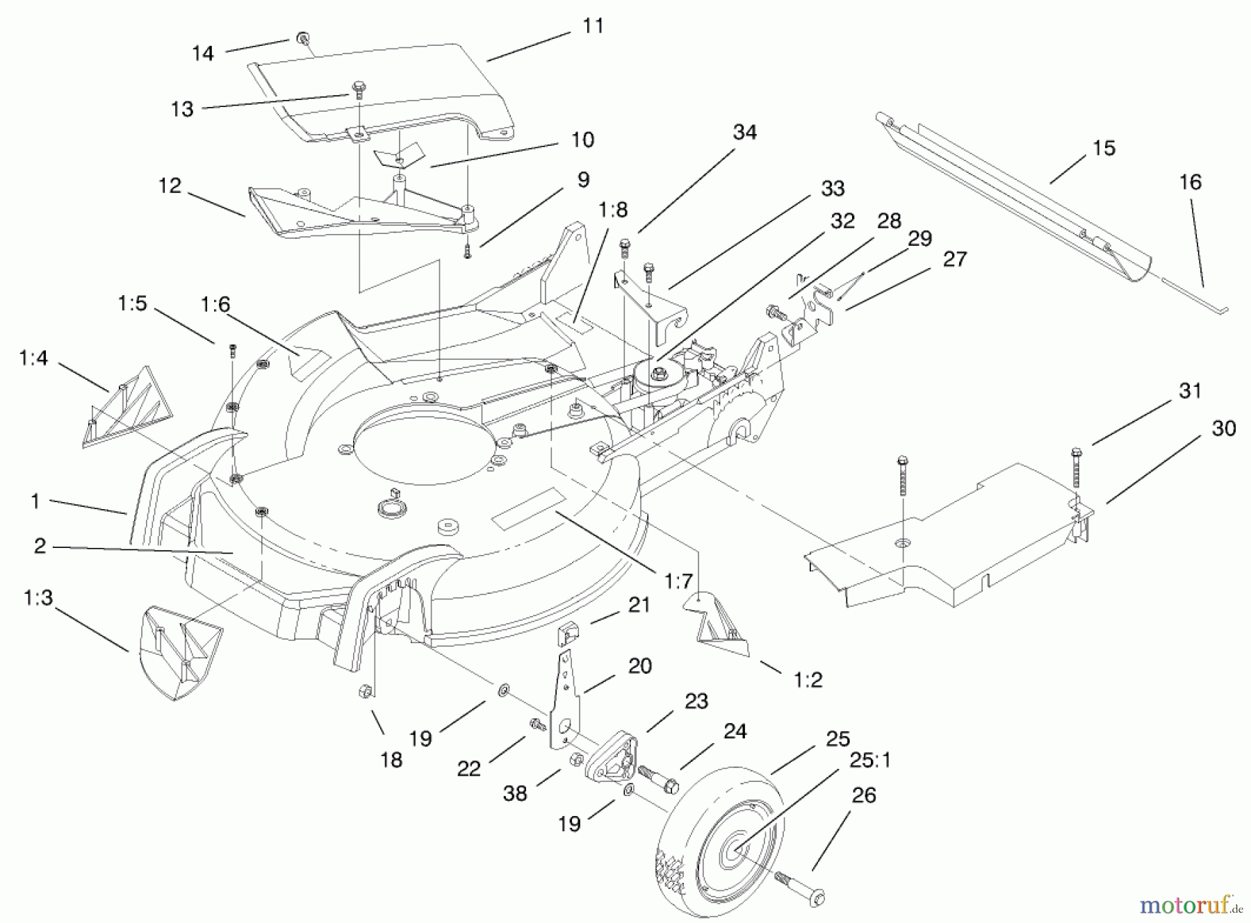  Toro Neu Mowers, Walk-Behind Seite 1 20044 (SR-21OS) - Toro Super Recycler Mower, SR-21OS, 1999 (99000001-99999999) HOUSING, HANDLE BRACKET & WHEEL ASSEMBLY