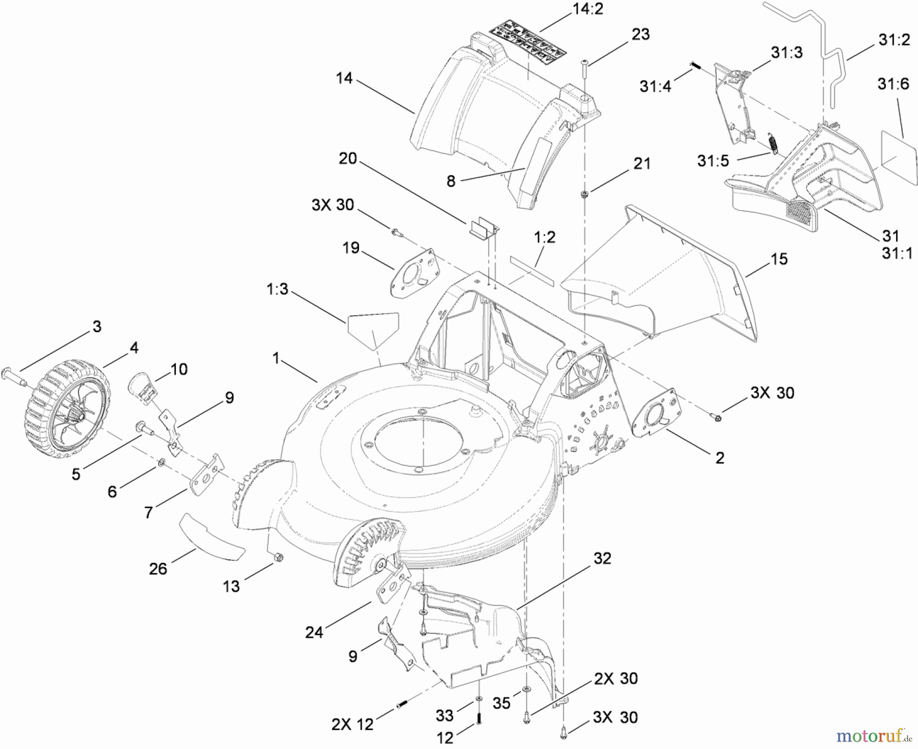  Toro Neu Mowers, Walk-Behind Seite 1 20192 - Toro Super Bagger Lawn Mower, 2011 (311000001-311999999) DECK HOUSING, FRONT WHEEL AND MULCH PLUG ASSEMBLY