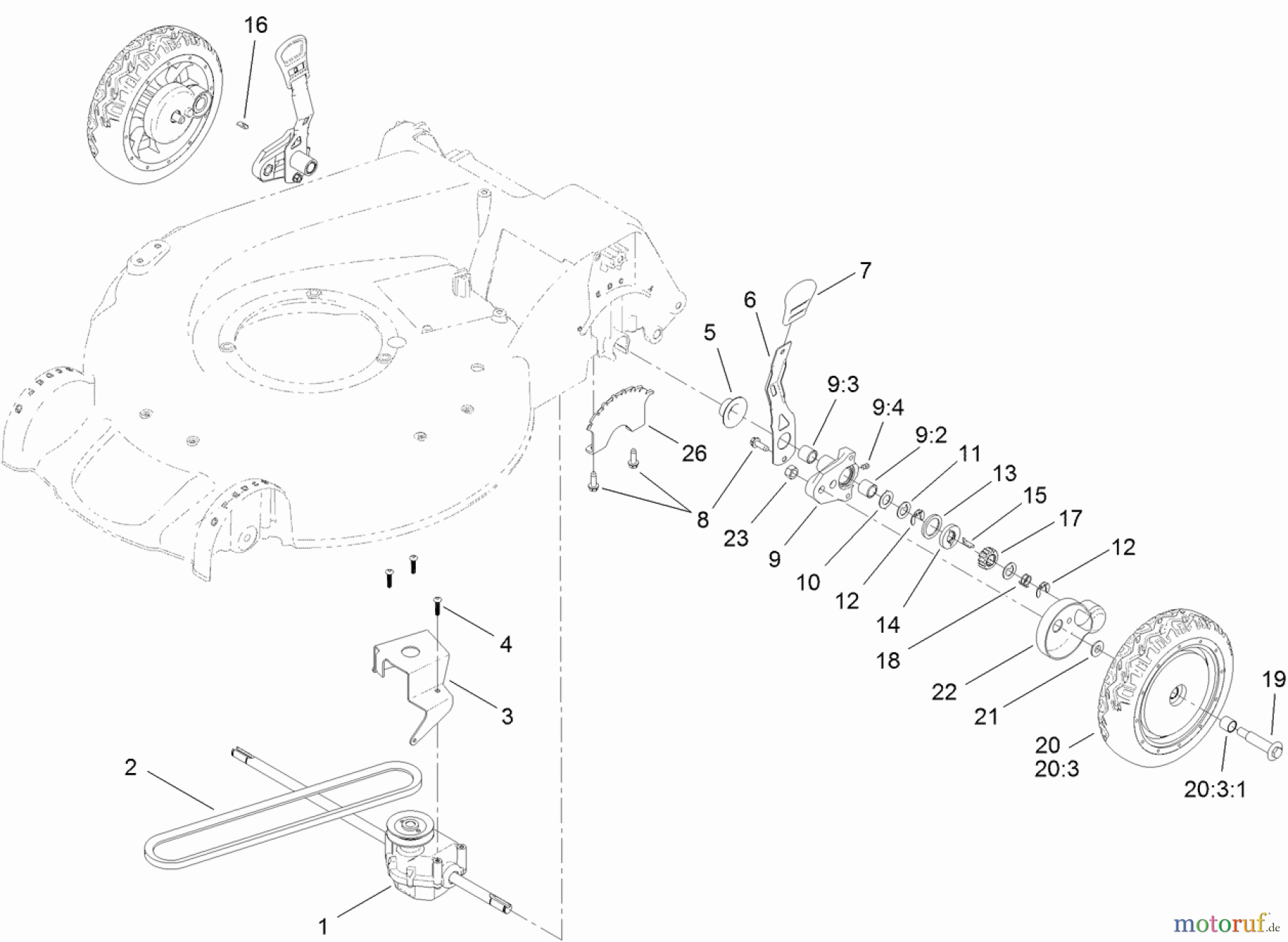  Toro Neu Mowers, Walk-Behind Seite 1 20380 - Toro Super Recycler Lawn Mower, 2012 (SN 312000001-312999999) TRANSMISSION AND REAR WHEEL ASSEMBLY