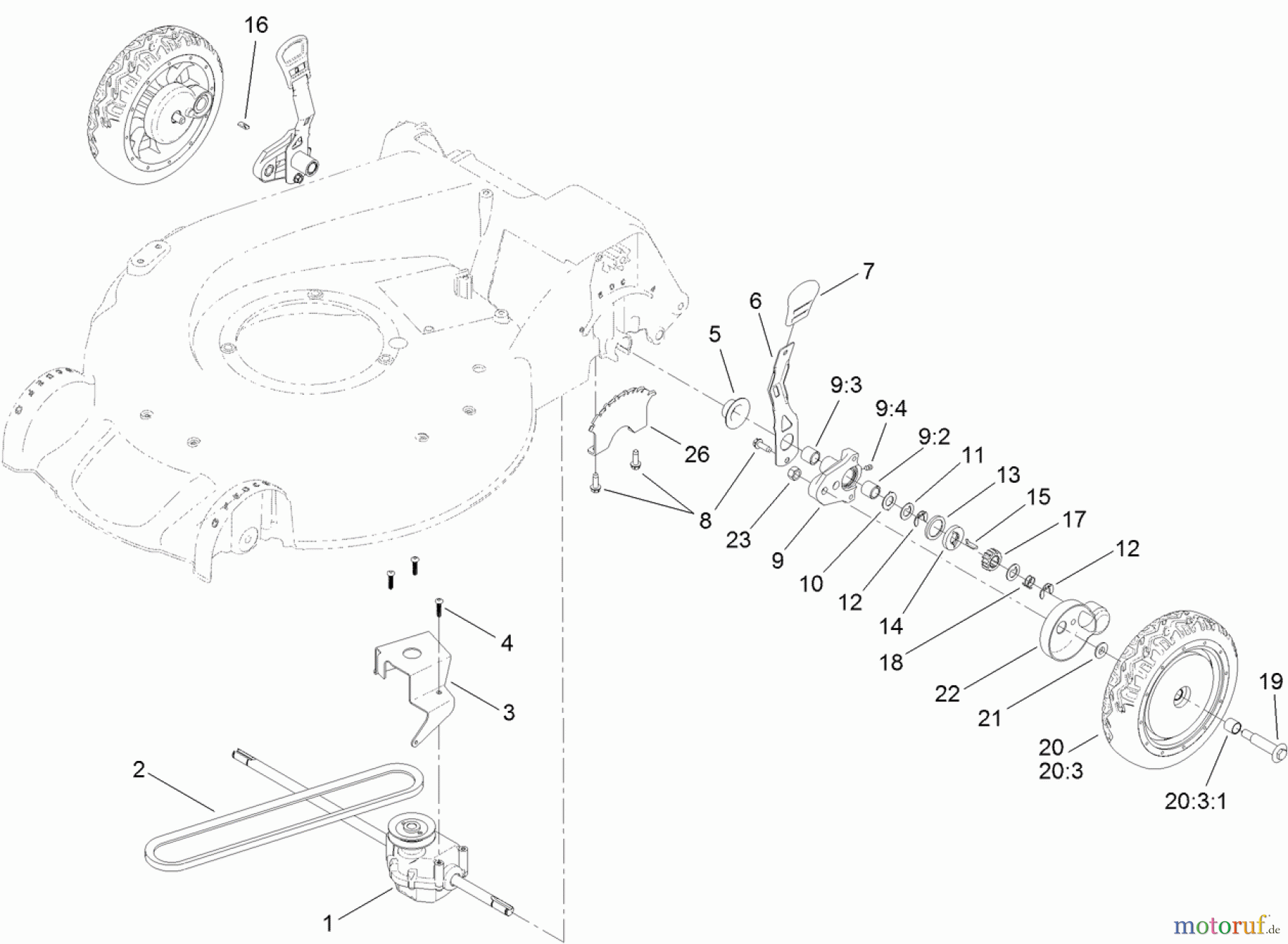  Toro Neu Mowers, Walk-Behind Seite 1 20383 - Toro Super Recycler Lawn Mower, 2012 (SN 312000001-312999999) REAR WHEEL AND HEIGHT-OF-CUT ASSEMBLY