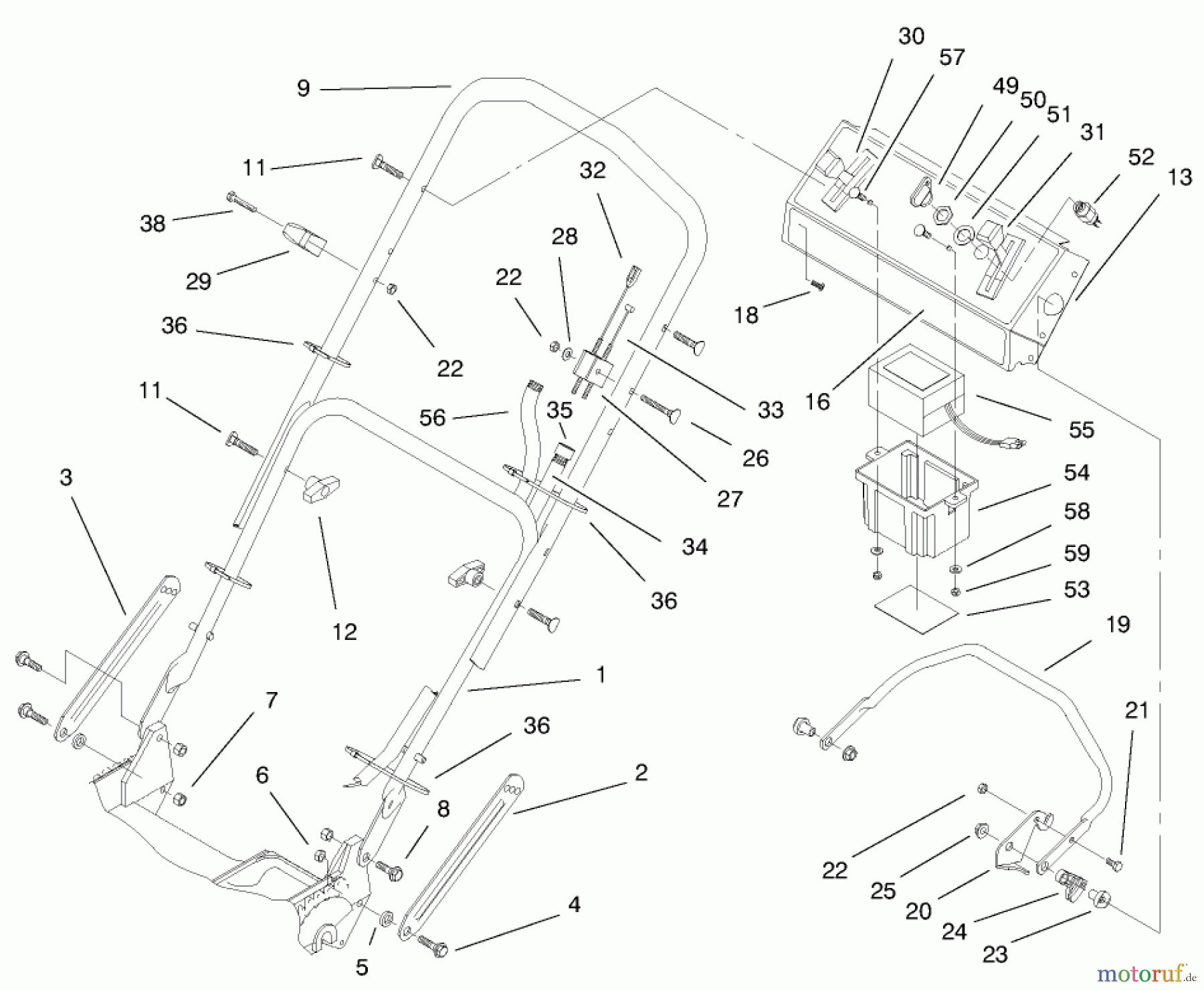  Toro Neu Mowers, Walk-Behind Seite 1 20488 (SR-21OSE) - Toro Super Recycler Mower, SR-21OSE, 1998 (8900001-8999999) HANDLE ASSEMBLY