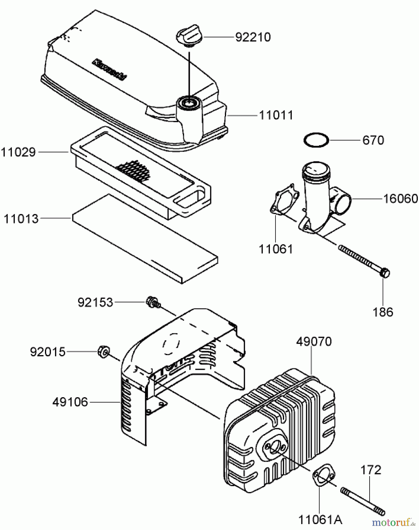  Toro Neu Mowers, Walk-Behind Seite 2 22164 (PT21) - Toro PT21 Trim Mower, 2007 (270003001-270999999) AIR FILTER AND MUFFLER ASSEMBLY KAWASAKI FJ180V-AS28