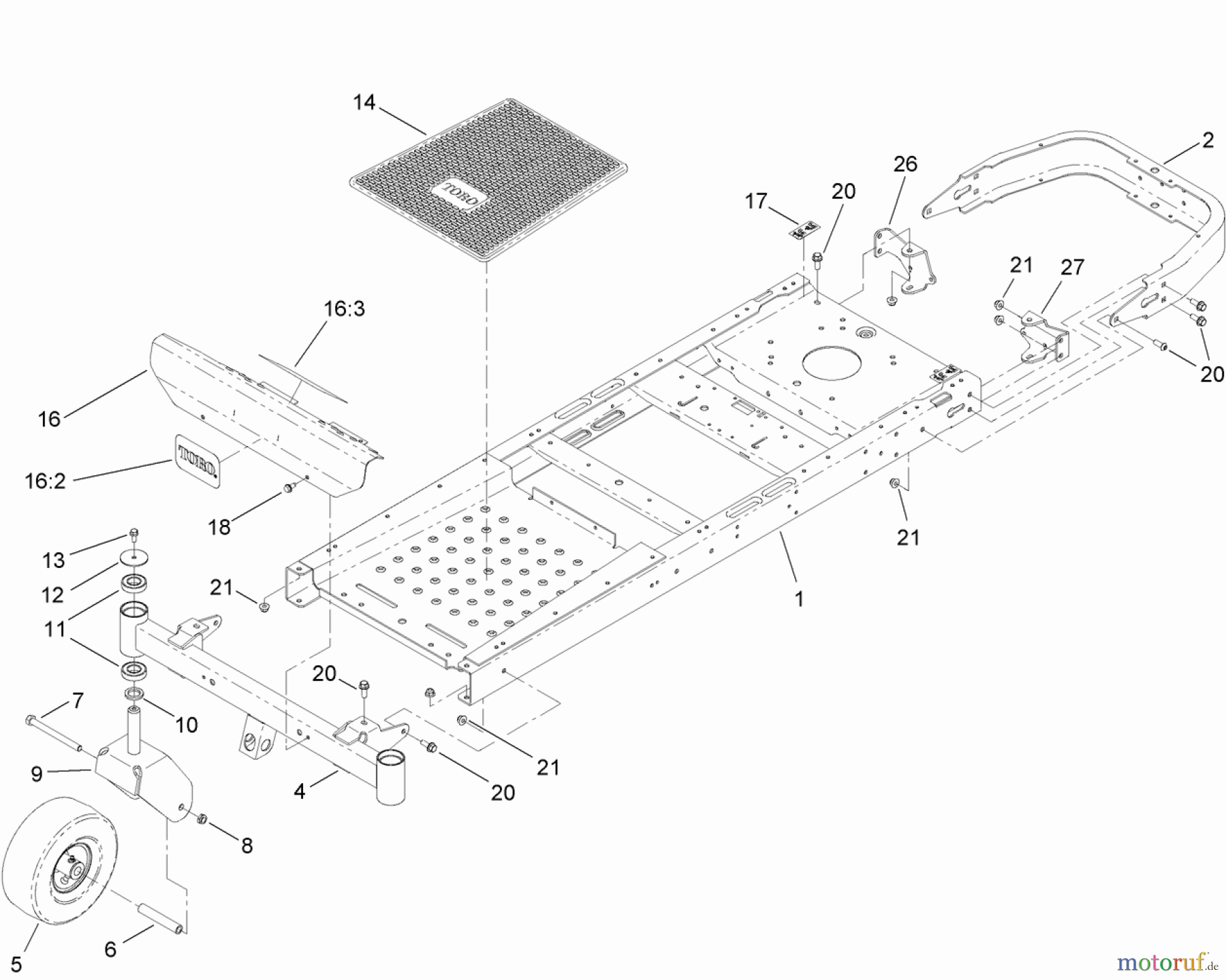  Toro Neu Mowers, Zero-Turn 74390 (ZS 4200TF) - Toro TimeCutter ZS 4200TF Riding Mower, 2012 (SN 312000001-312999999) MAIN FRAME AND FRONT AXLE ASSEMBLY