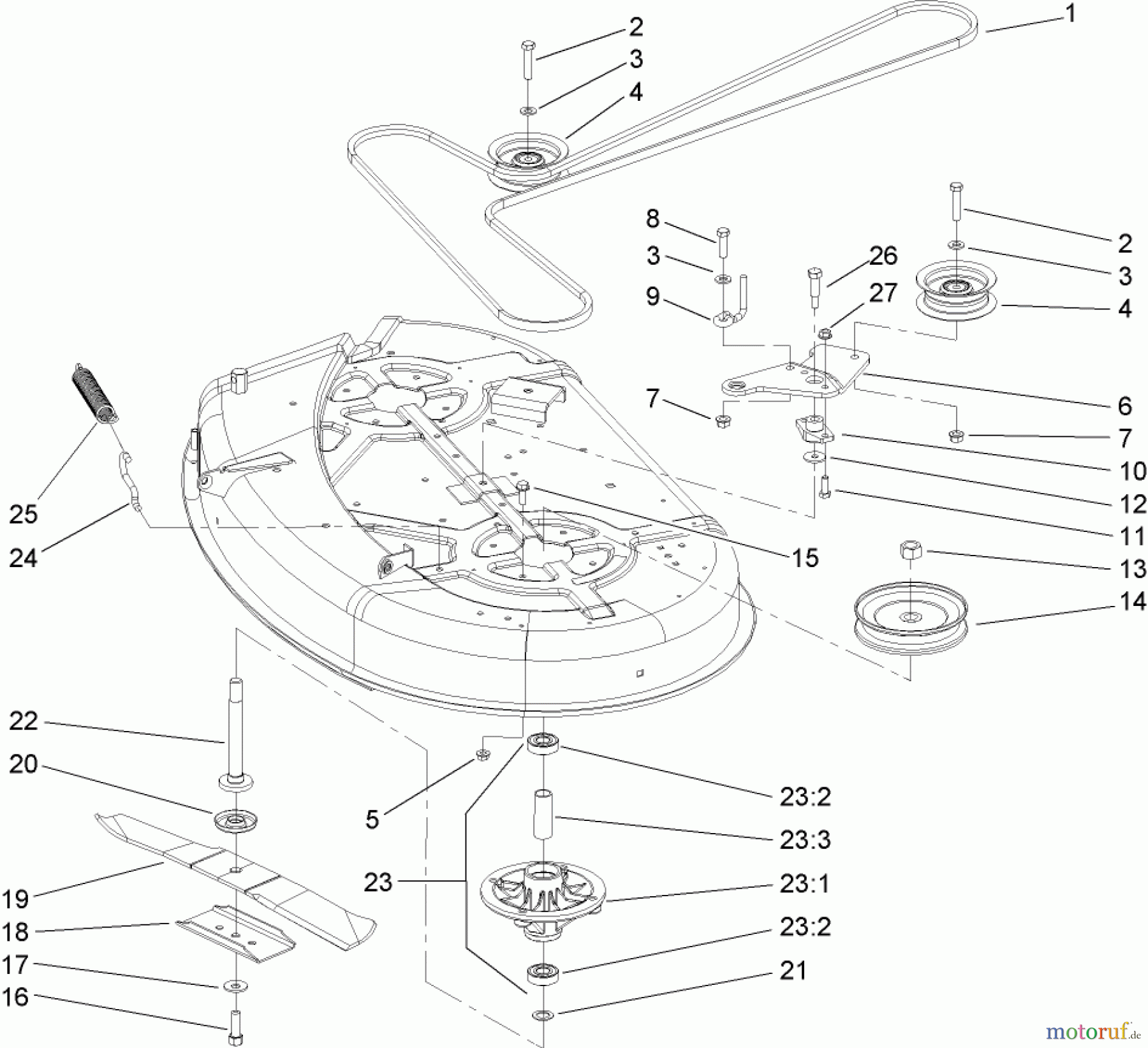  Toro Neu Mowers, Zero-Turn 74403 (Z420) - Toro TimeCutter Z420 Riding Mower, 2005 (250000001-250999999) 42 INCH DECK SPINDLE AND BELT DRIVE ASSEMBLY