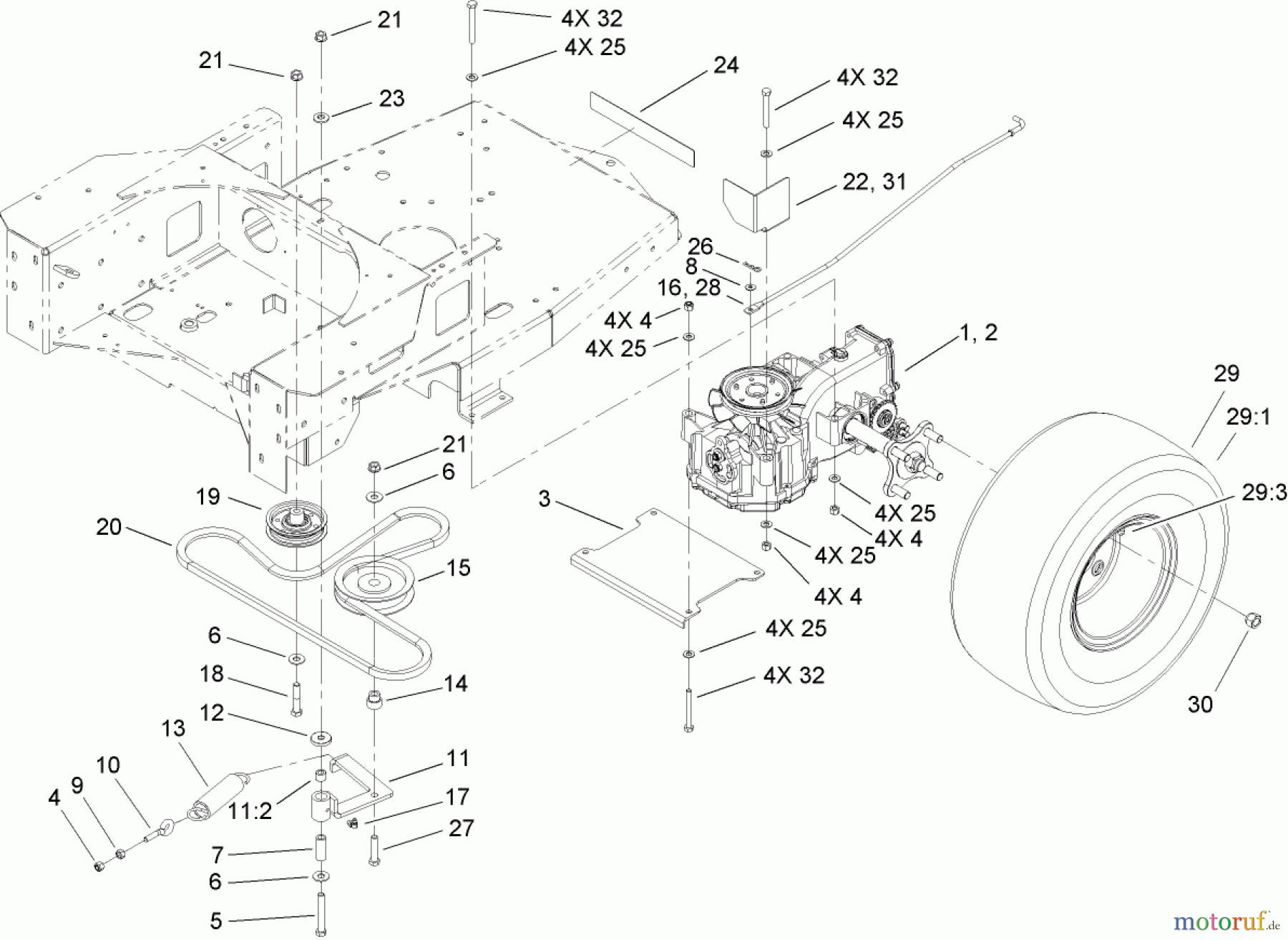  Toro Neu Mowers, Zero-Turn 74806 (ZX525) - Toro TimeCutter ZX525 Riding Mower, 2005 (250000001-250999999) HYDRO AND BELT DRIVE ASSEMBLY