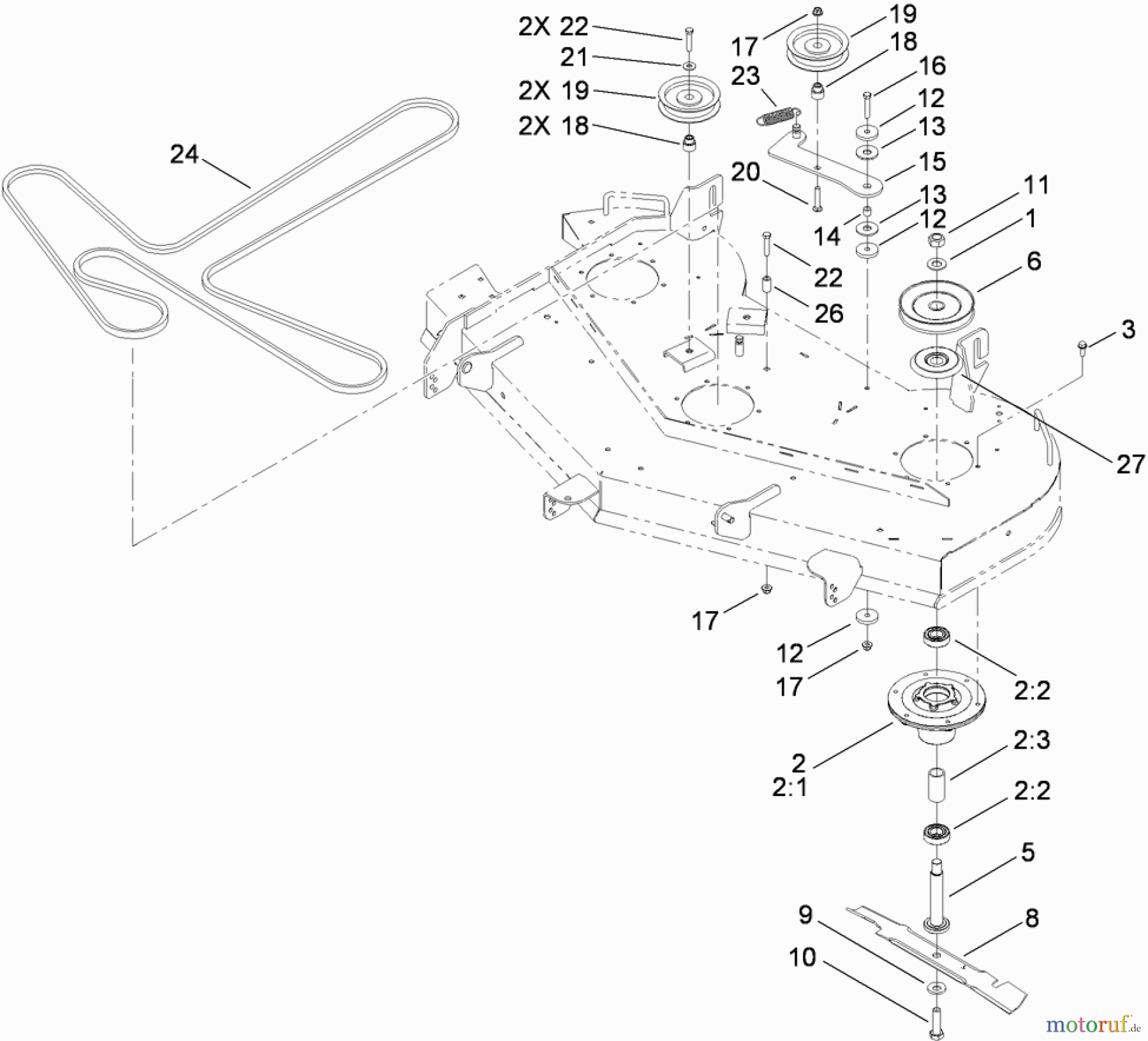Toro Neu Mowers, Zero-Turn 74822 (ZX5400) - Toro TITAN ZX5400 Zero-Turn-Radius Riding Mower, 2009 (290000001-290999999) 54 INCH DECK SPINDLE AND BLADE ASSEMBLY