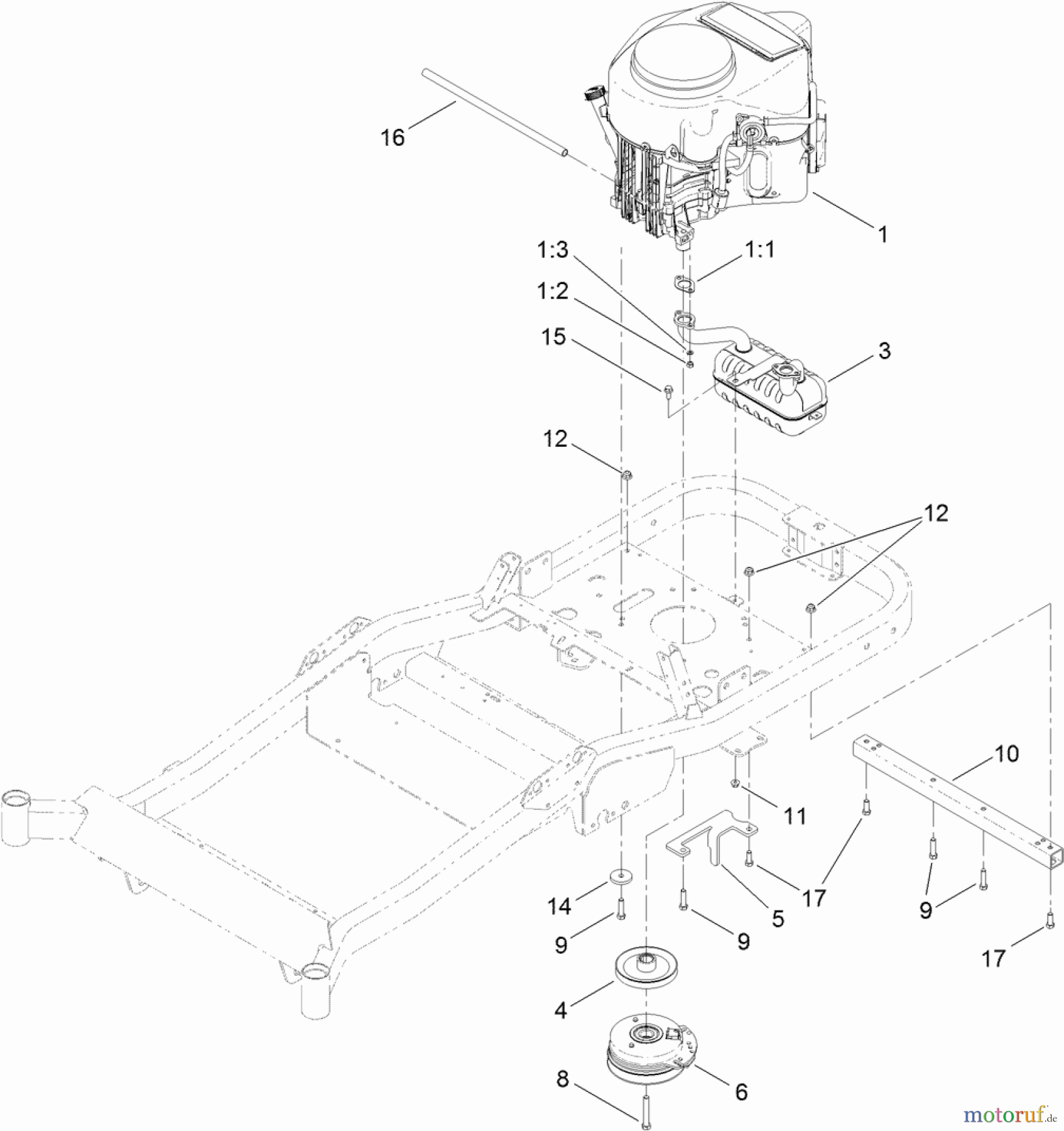  Toro Neu Mowers, Zero-Turn 74871 (MX4880) - Toro TITAN MX4880 Zero-Turn-Radius Riding Mower, 2011 (311000001-311999999) ENGINE, MUFFLER AND CLUTCH ASSEMBLY