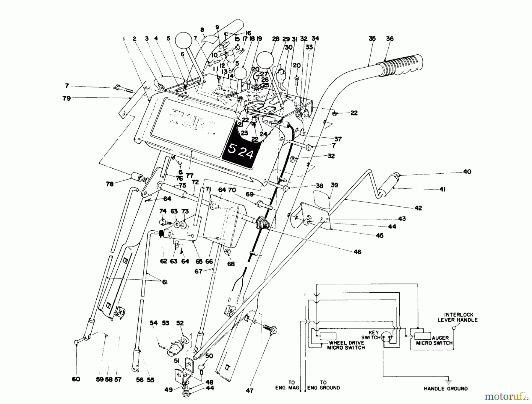  Toro Neu Snow Blowers/Snow Throwers Seite 1 38045 (524) - Toro 524 Snowthrower, 1982 (2000001-2999999) HANDLE ASSEMBLY