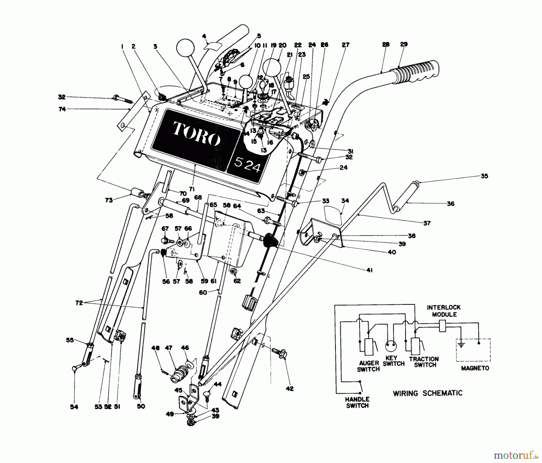  Toro Neu Snow Blowers/Snow Throwers Seite 1 38045 (524) - Toro 524 Snowthrower, 1986 (6000001-6999999) HANDLE ASSEMBLY