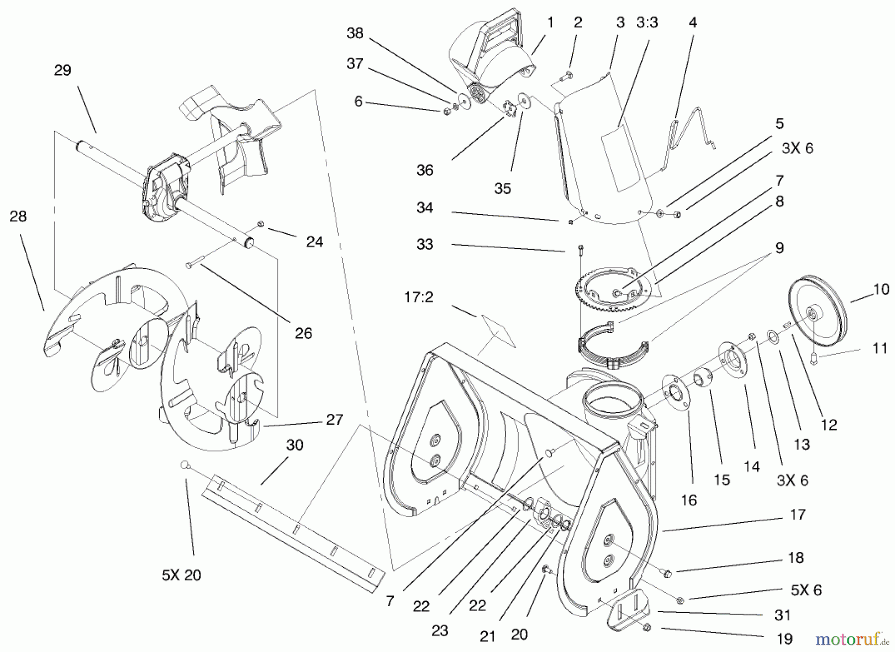  Toro Neu Snow Blowers/Snow Throwers Seite 1 38051 (522) - Toro 522 Snowthrower, 2000 (200000001-200999999) CHUTE AND AUGER ASSEMBLY