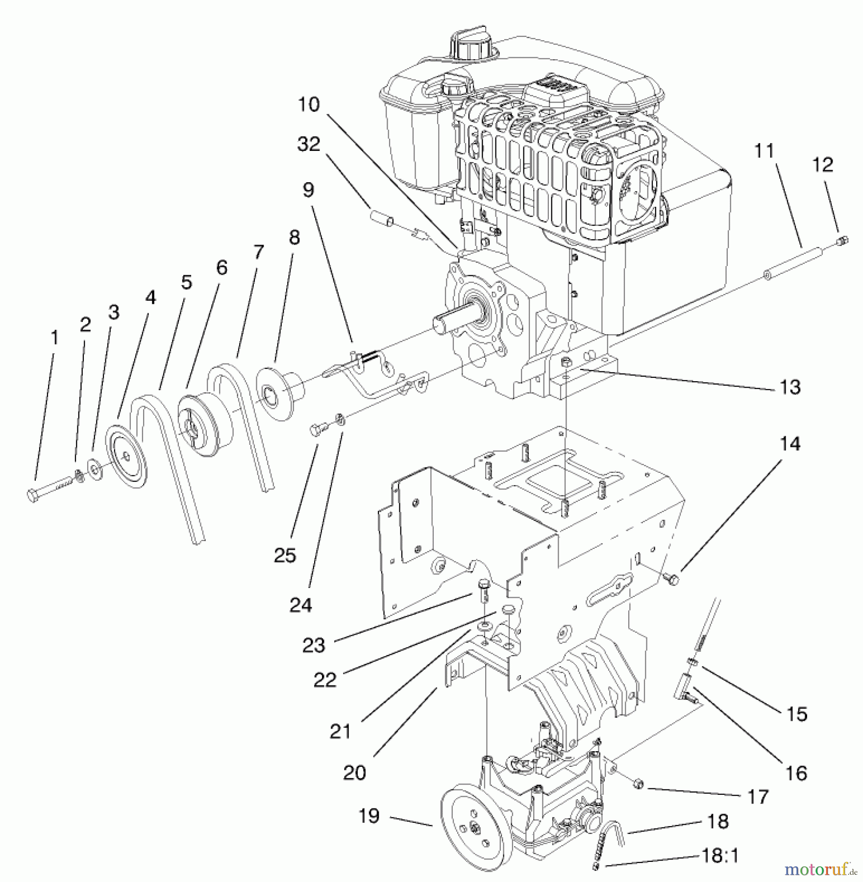  Toro Neu Snow Blowers/Snow Throwers Seite 1 38592 (1332) - Toro 1332 Power Shift Snowthrower, 2000 (200000001-200999999) ENGINE AND TRANSMISSION ASSEMBLY