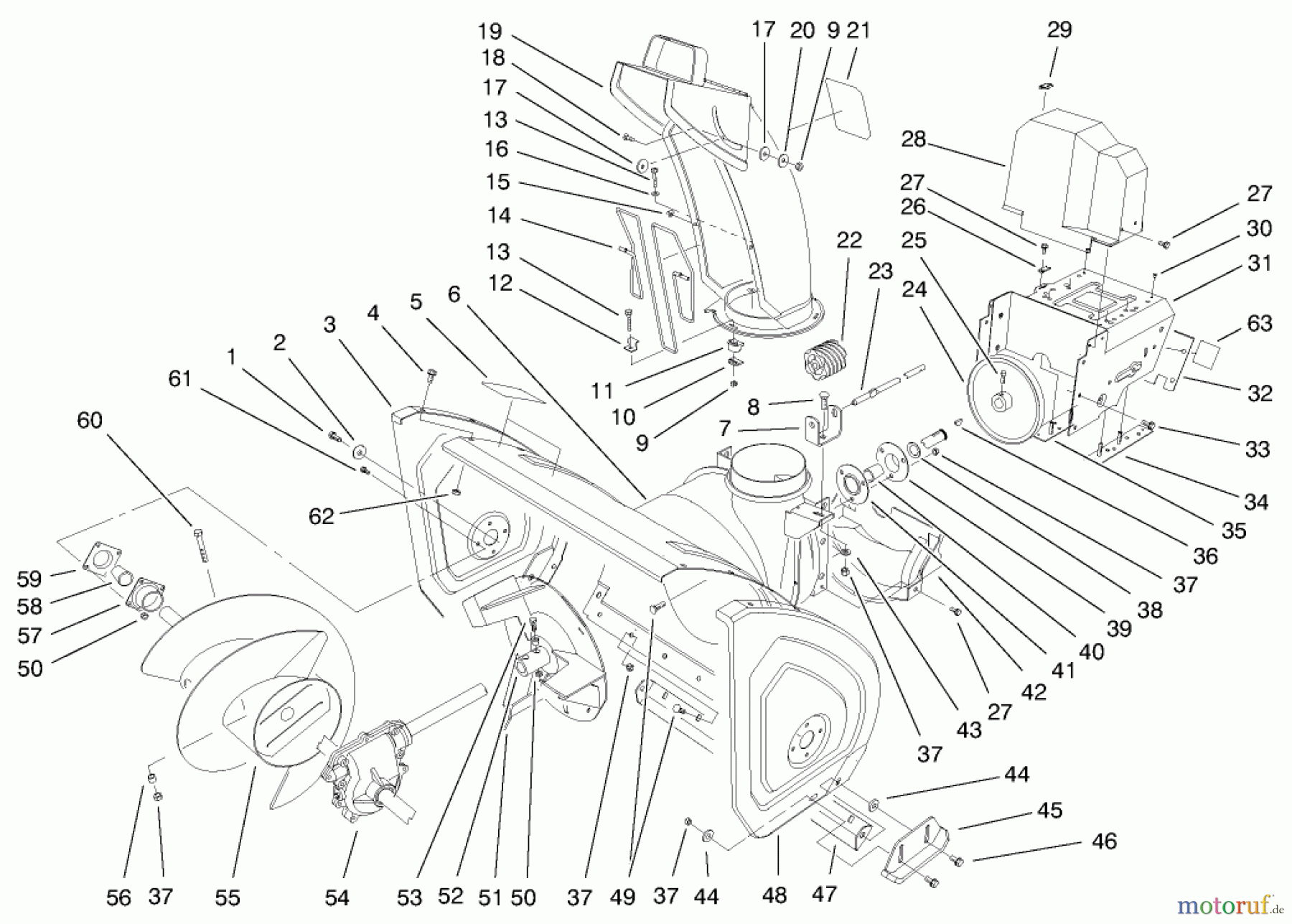  Toro Neu Snow Blowers/Snow Throwers Seite 1 38592 (1332) - Toro 1332 Power Shift Snowthrower, 2000 (200000001-200999999) HOUSING AND ENGINE FRAME ASSEMBLY