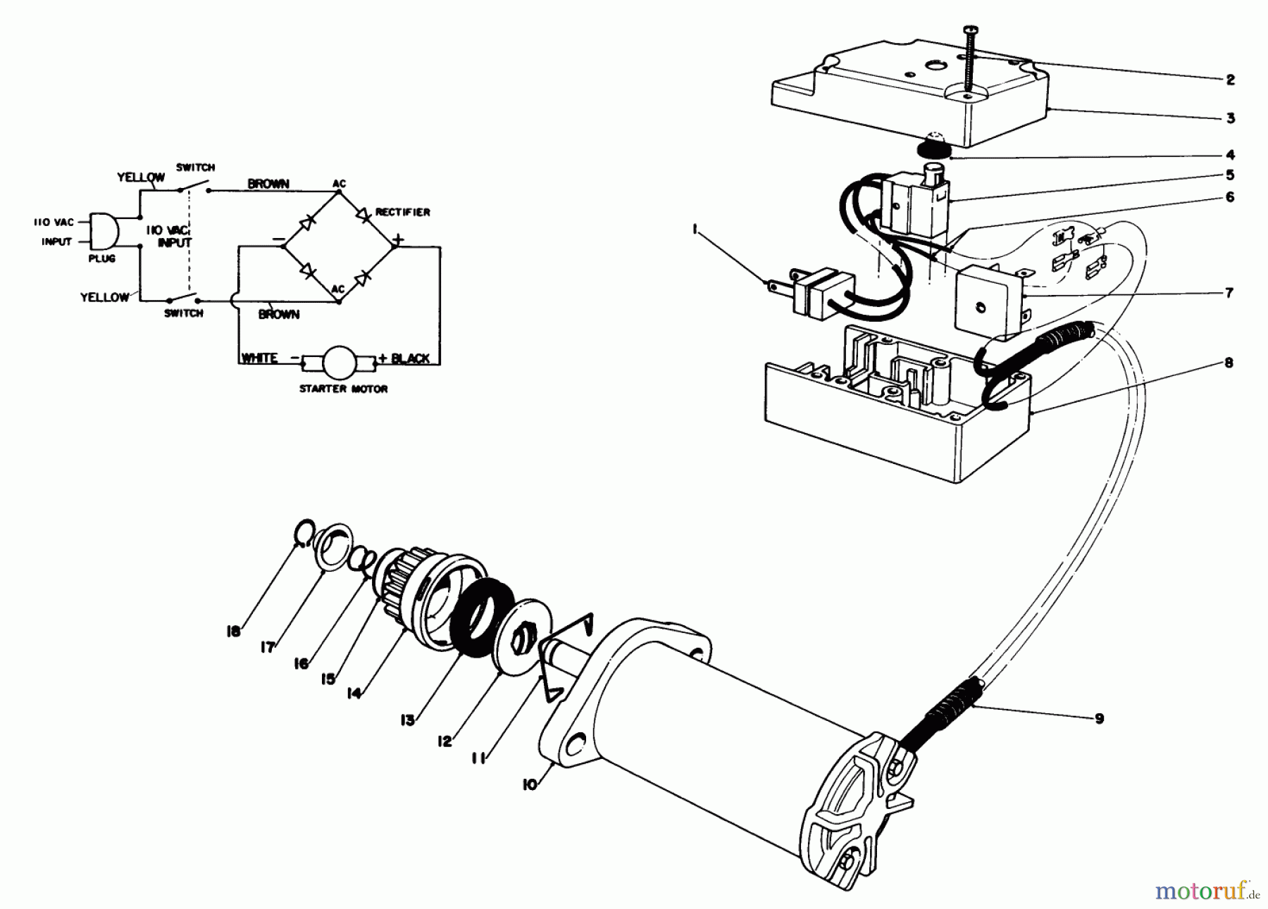  Toro Neu Snow Blowers/Snow Throwers Seite 1 38116 (CR-20R) - Toro CR-20 Snowthrower, 1989 (9000001-9999999) STARTER MOTOR & SWITCH ASSEMBLY