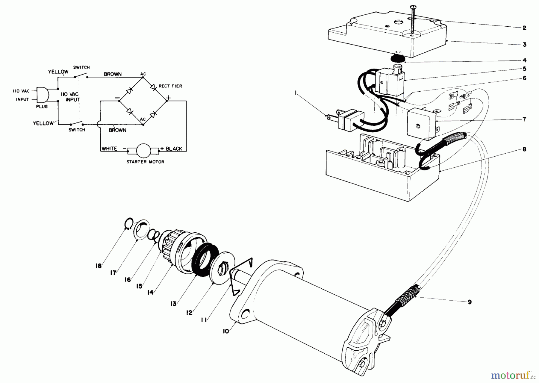  Toro Neu Snow Blowers/Snow Throwers Seite 1 38130 (S-200) - Toro S-200 Snowthrower, 1979 (9000001-9999999) STARTER MOTOR & SWITCH ASSEMBLY (MODEL 38130)