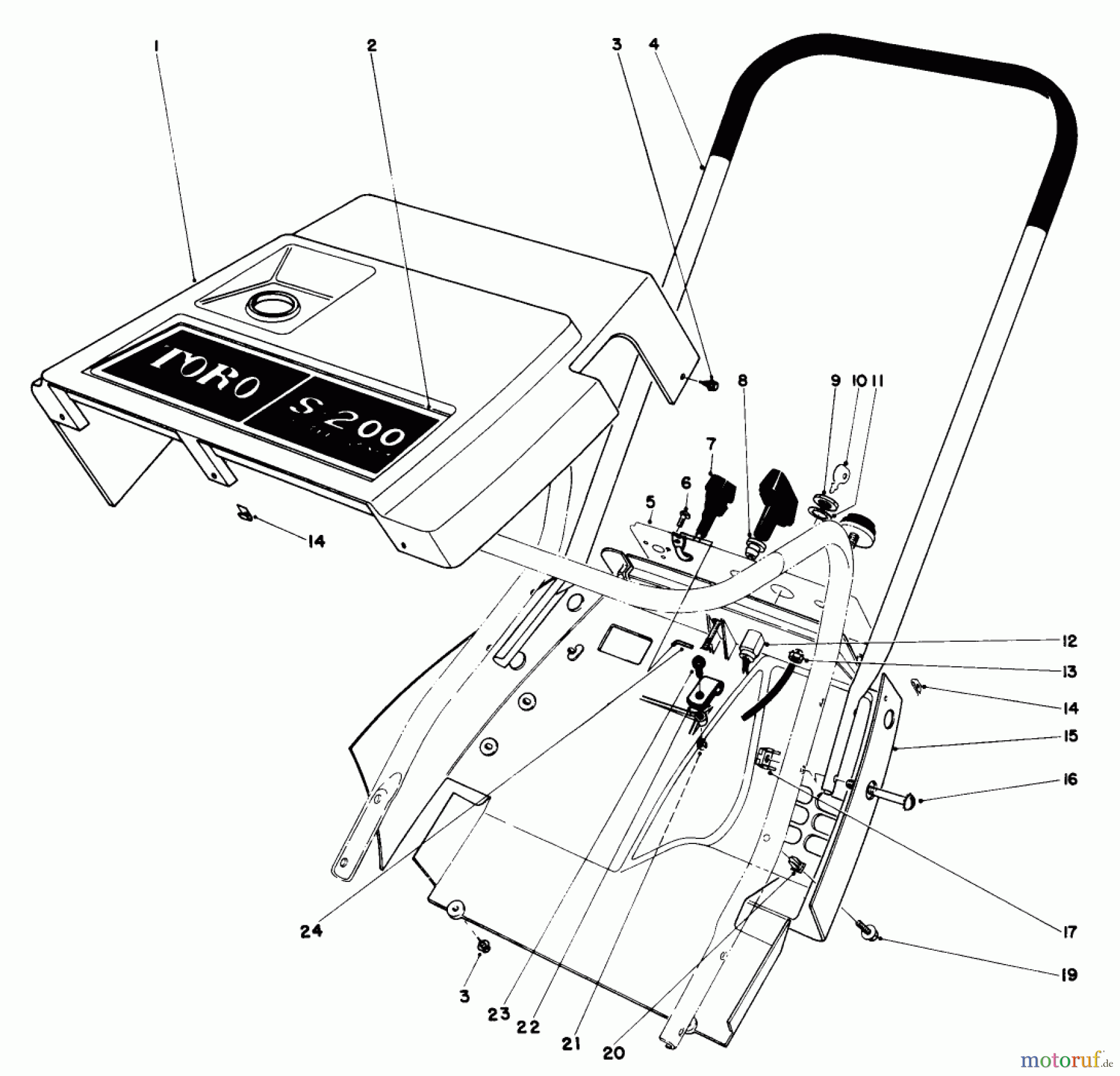  Toro Neu Snow Blowers/Snow Throwers Seite 1 38120 (S-200) - Toro S-200 Snowthrower, 1980 (0500000-0999999) SHROUD & HANDLE ASSEMBLY (MODEL 38130)