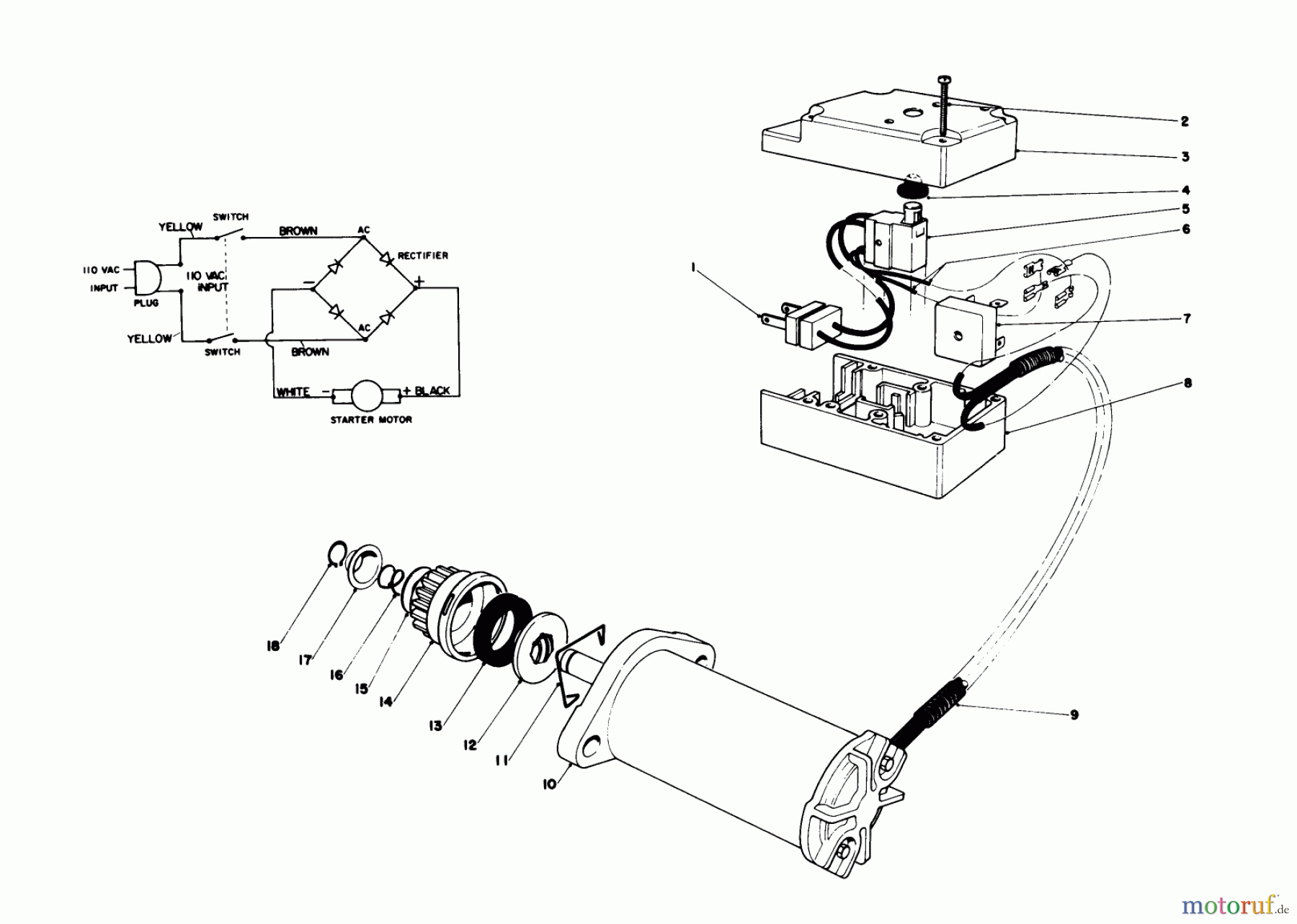  Toro Neu Snow Blowers/Snow Throwers Seite 1 38120 (S-200) - Toro S-200 Snowthrower, 1981 (1000001-1000350) STARTER MOTOR & SWITCH ASSEMBLY (MODEL 38130)