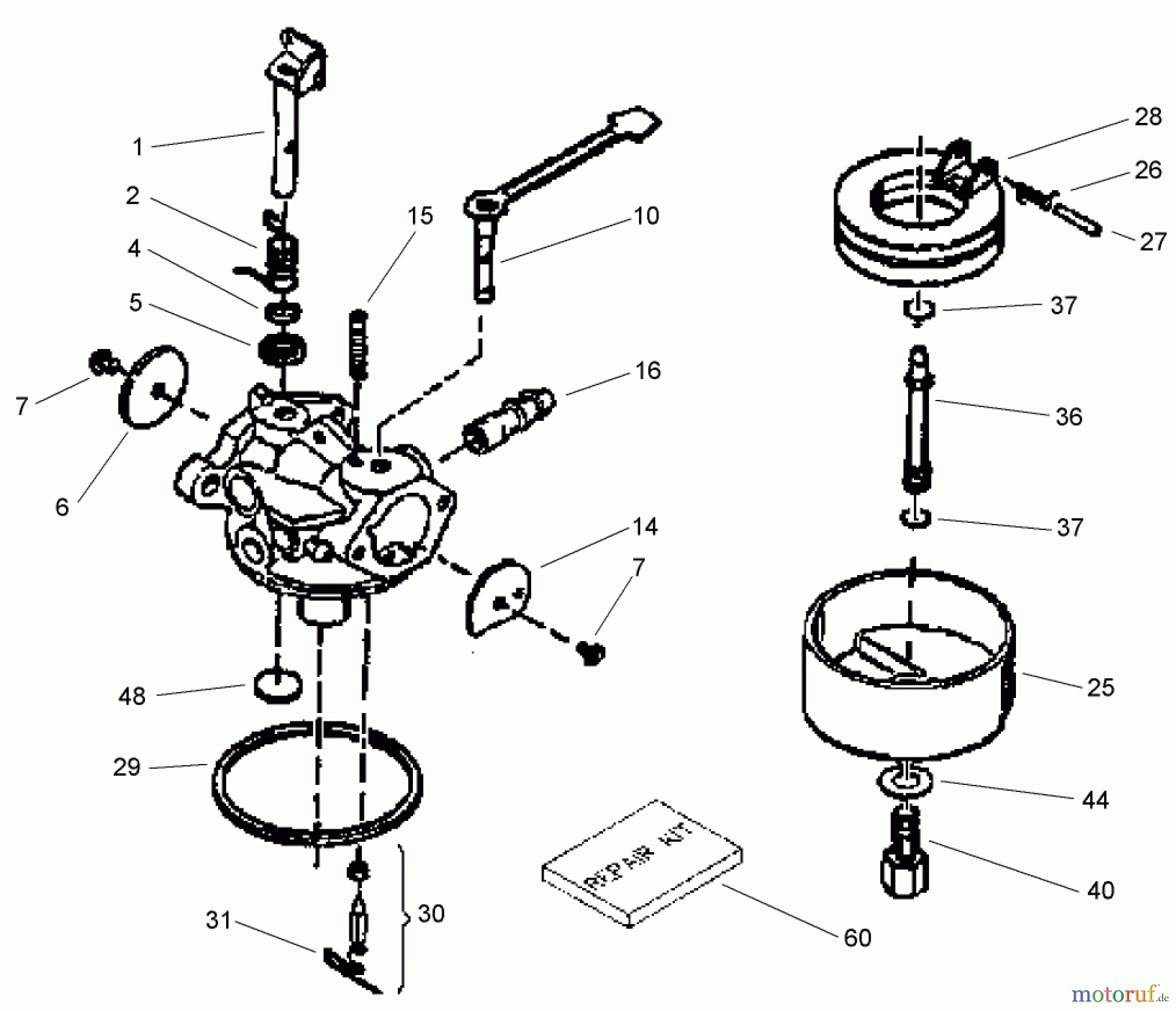  Toro Neu Snow Blowers/Snow Throwers Seite 1 38172 - Toro Powerlite Snowthrower, 2007 (270000001-270999999) CARBURETOR ASSEMBLY NO. 640086 TECUMSEH HSK635 1723C