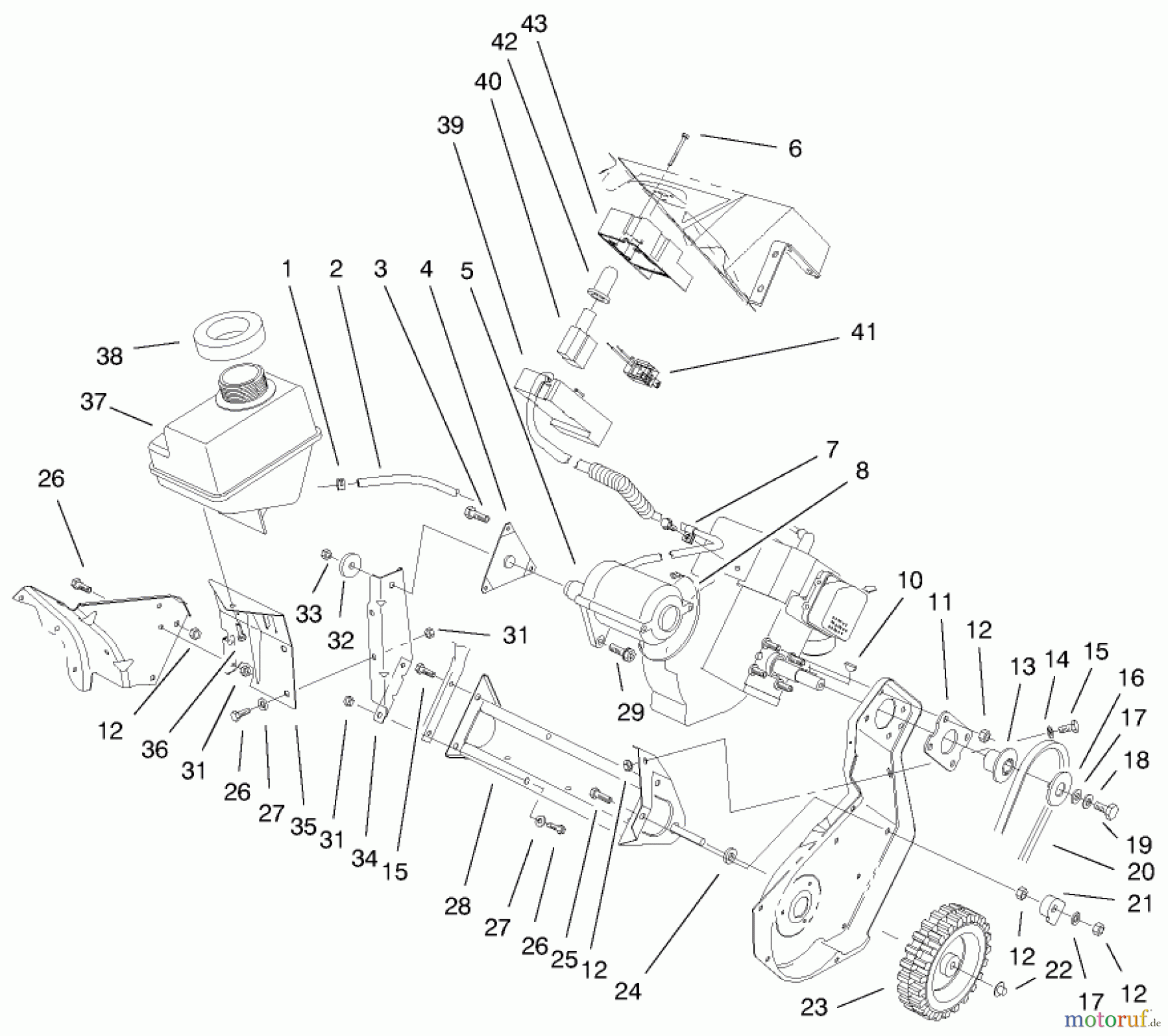  Toro Neu Snow Blowers/Snow Throwers Seite 1 38400 (1000) - Toro CCR 1000 Snowthrower, 2000 (200000001-200999999) ENGINE & GAS TANK ASSEMBLY