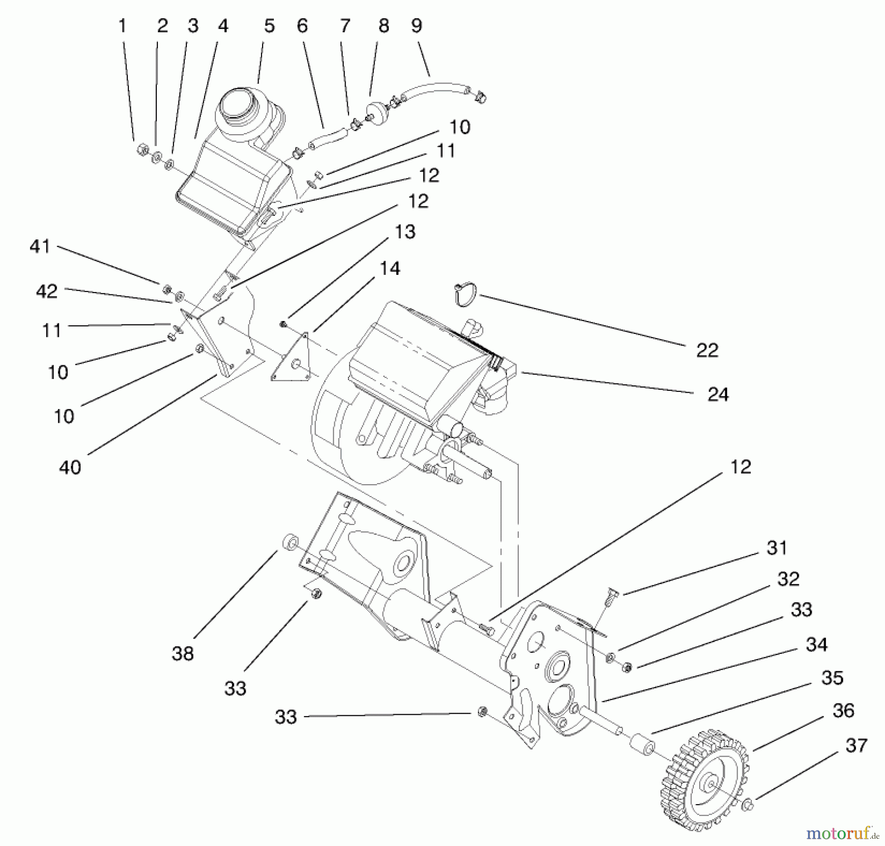  Toro Neu Snow Blowers/Snow Throwers Seite 1 38410 (2400) - Toro CCR 2400 Snowthrower, 1997 (7900001-7999999) ENGINE & FUEL TANK ASSEMBLY