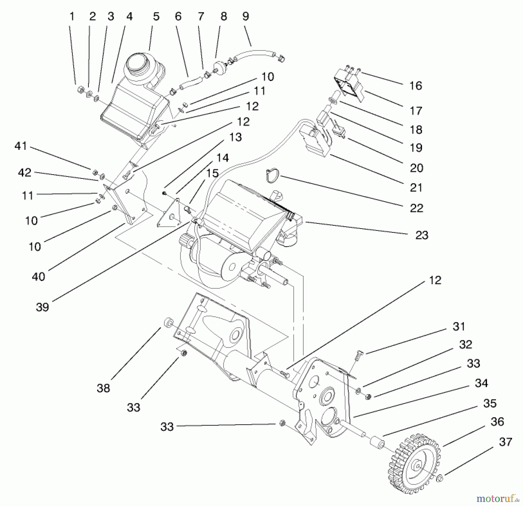  Toro Neu Snow Blowers/Snow Throwers Seite 1 38415 (2400) - Toro CCR 2400 Snowthrower, 1997 (7900001-7999999) ENGINE & FUEL TANK ASSEMBLY