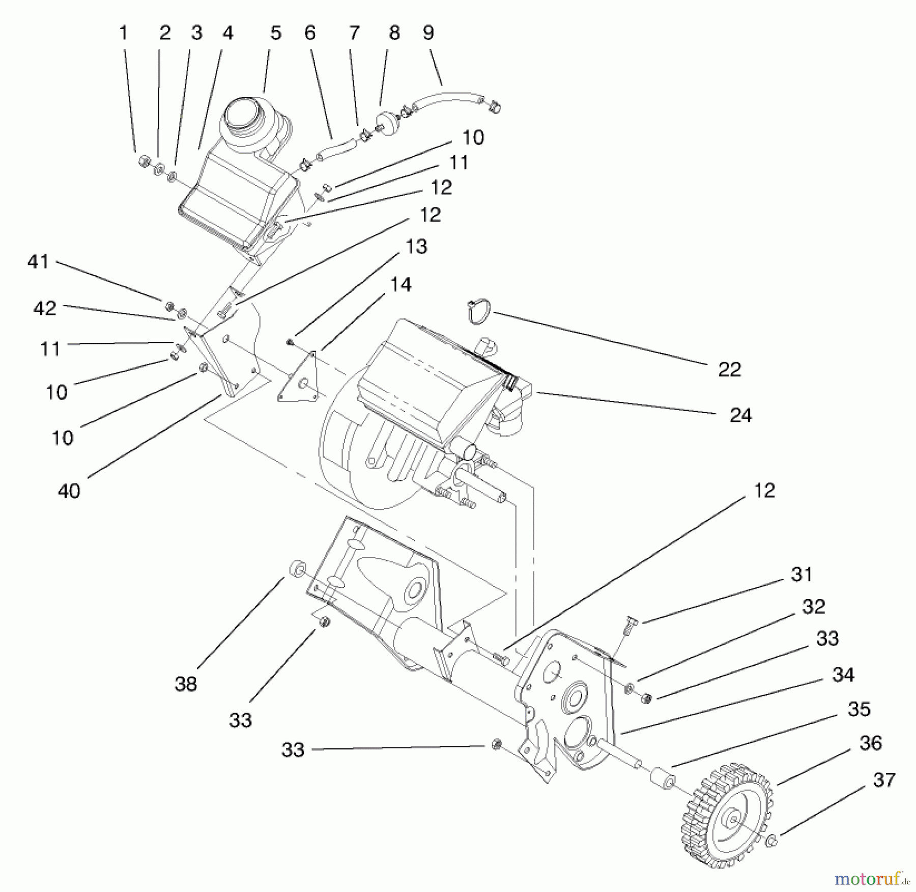  Toro Neu Snow Blowers/Snow Throwers Seite 1 38420 (2500) - Toro CCR 2500 Snowthrower, 1997 (7900001-7999999) ENGINE & FUEL TANK ASSEMBLY