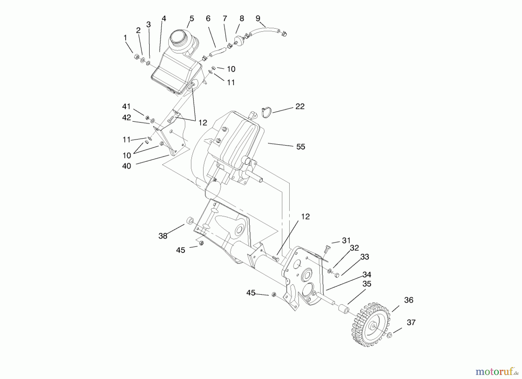  Toro Neu Snow Blowers/Snow Throwers Seite 1 38423 (2500) - Toro CCR 2500 Snowthrower, 1998 (8900001-8999999) ENGINE AND FUEL TANK ASSEMBLY