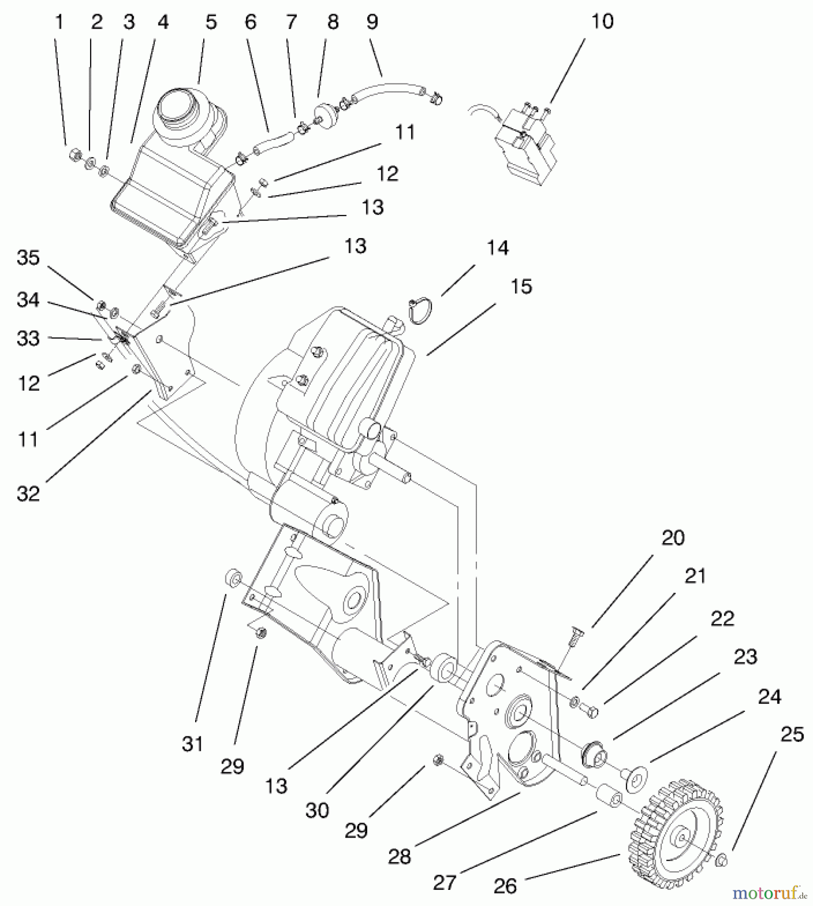  Toro Neu Snow Blowers/Snow Throwers Seite 1 38437 (3000) - Toro CCR 3000 Snowthrower, 1999 (9900001-9999999) ENGINE AND GAS TANK ASSEMBLY