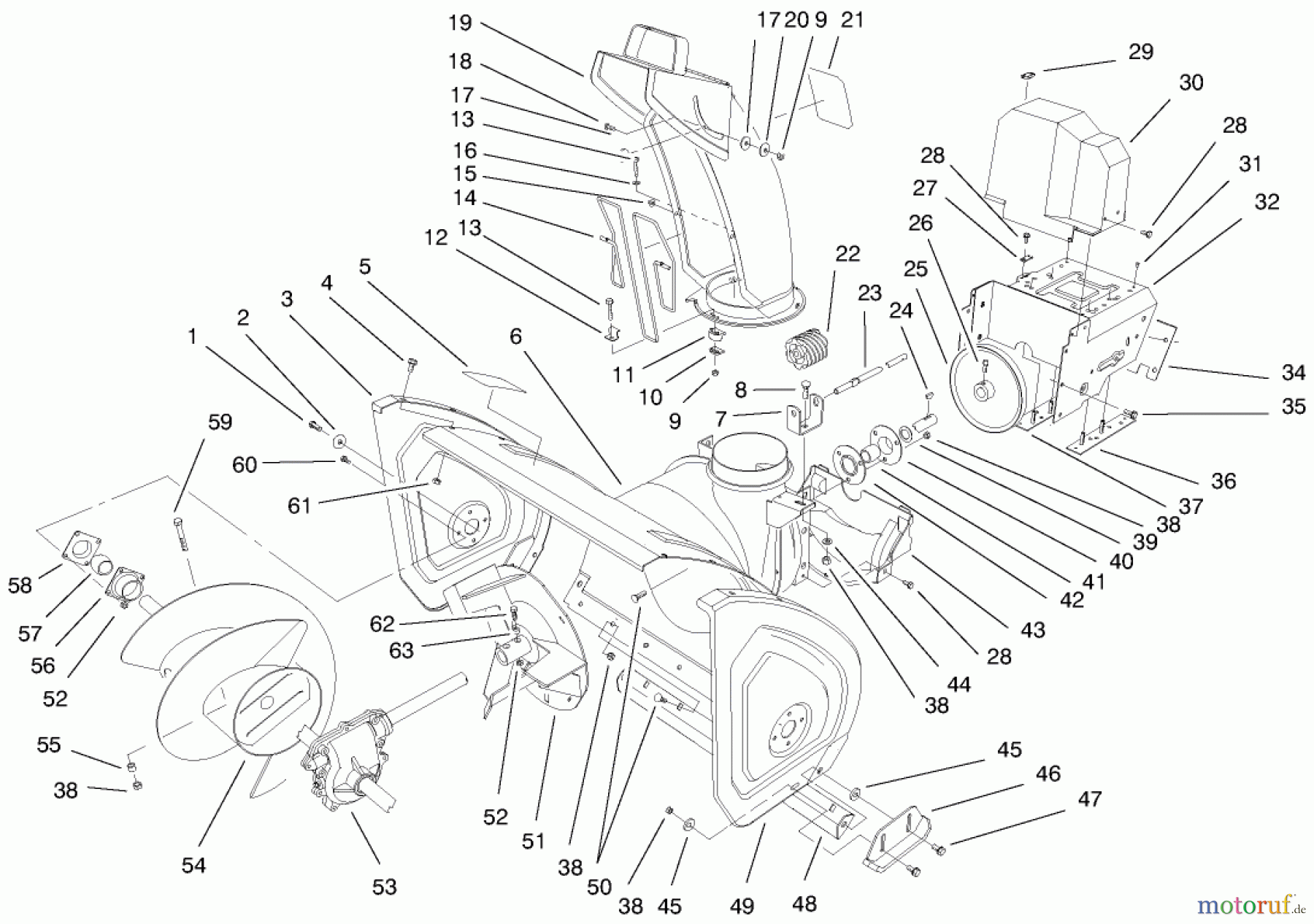  Toro Neu Snow Blowers/Snow Throwers Seite 1 38559 (1028) - Toro 1028 Power Shift Snowthrower, 1999 (99000001-99999999) HOUSING ASSEMBLY